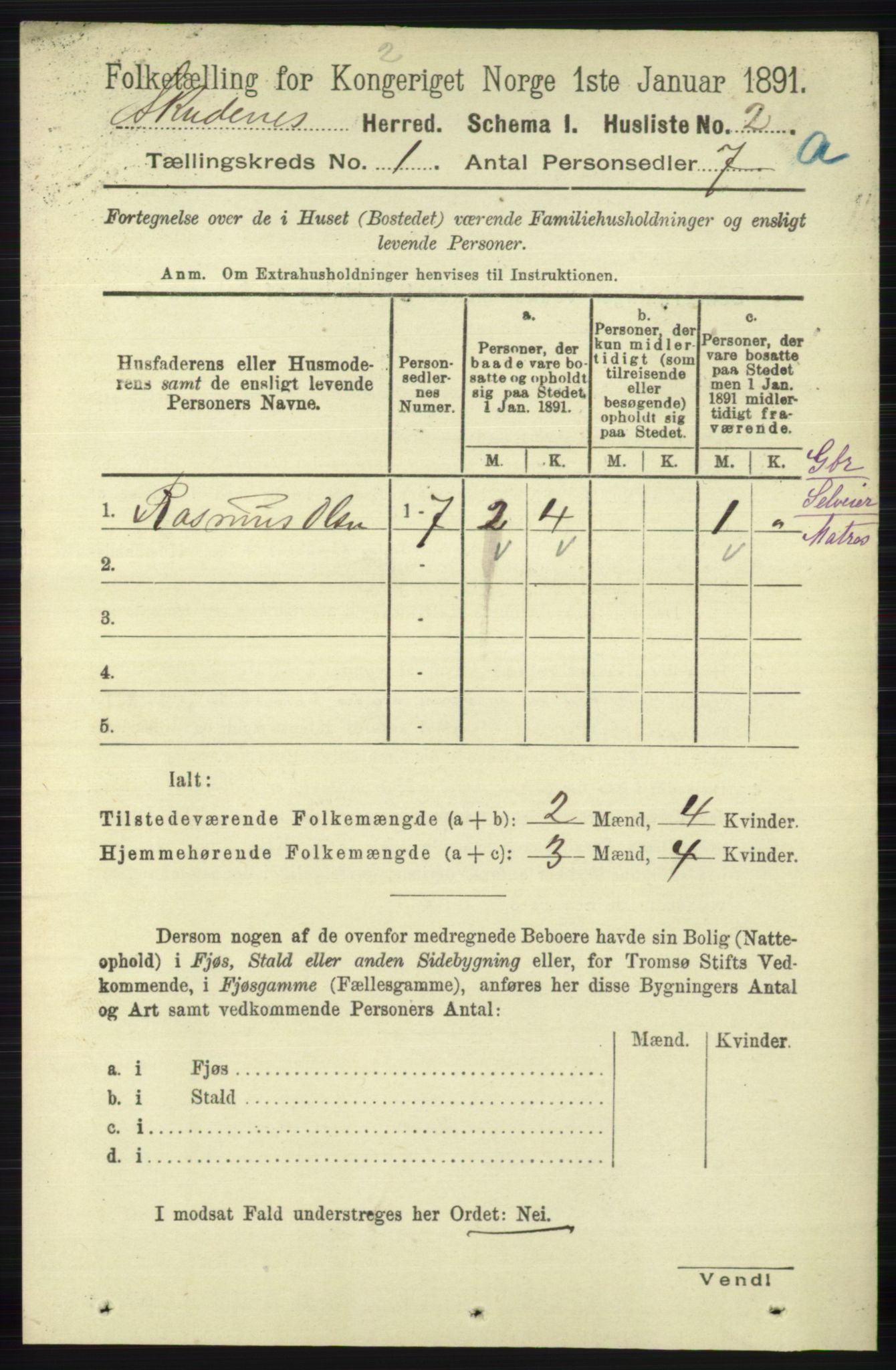 RA, 1891 census for 1150 Skudenes, 1891, p. 26