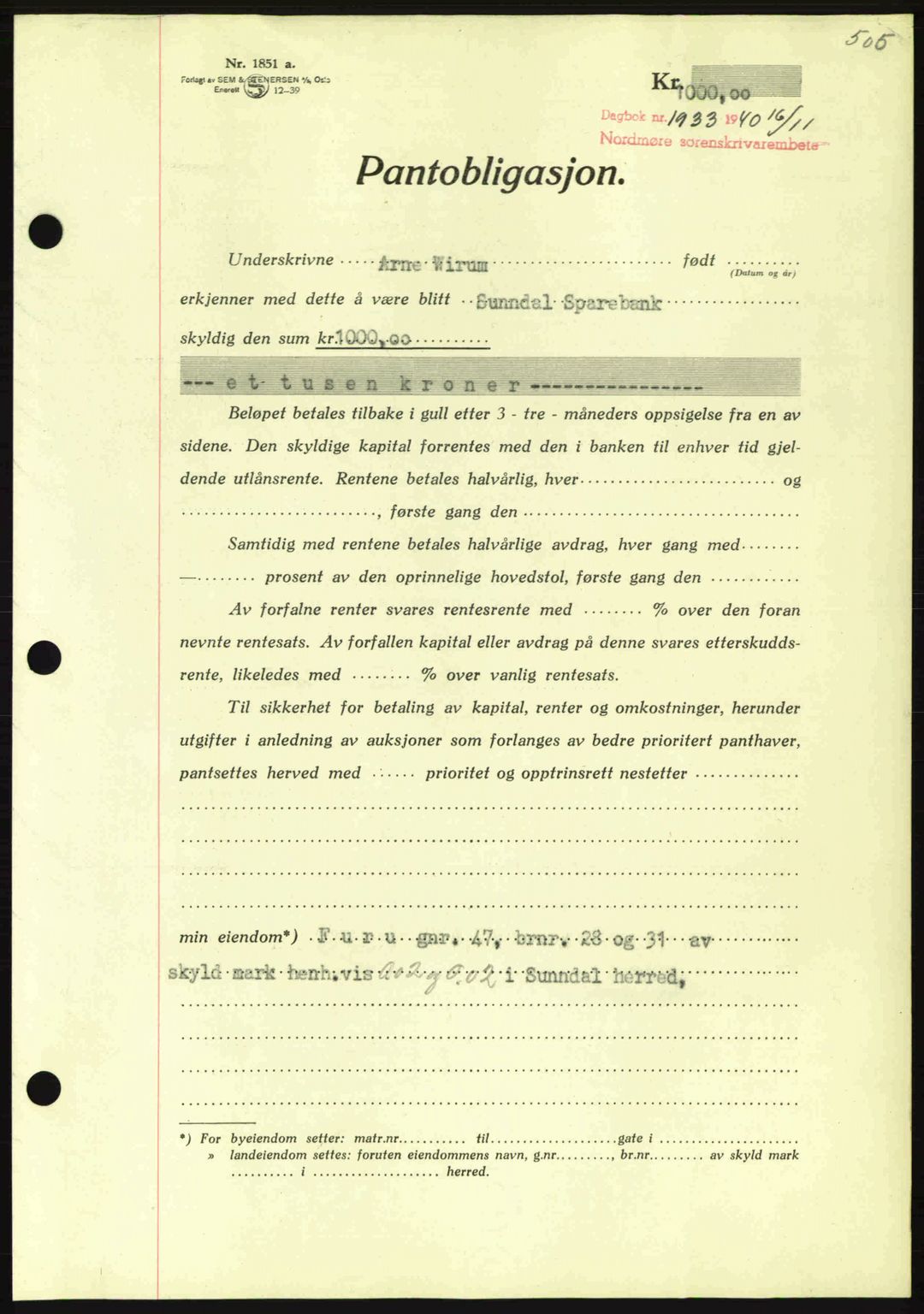 Nordmøre sorenskriveri, AV/SAT-A-4132/1/2/2Ca: Mortgage book no. B87, 1940-1941, Diary no: : 1933/1940