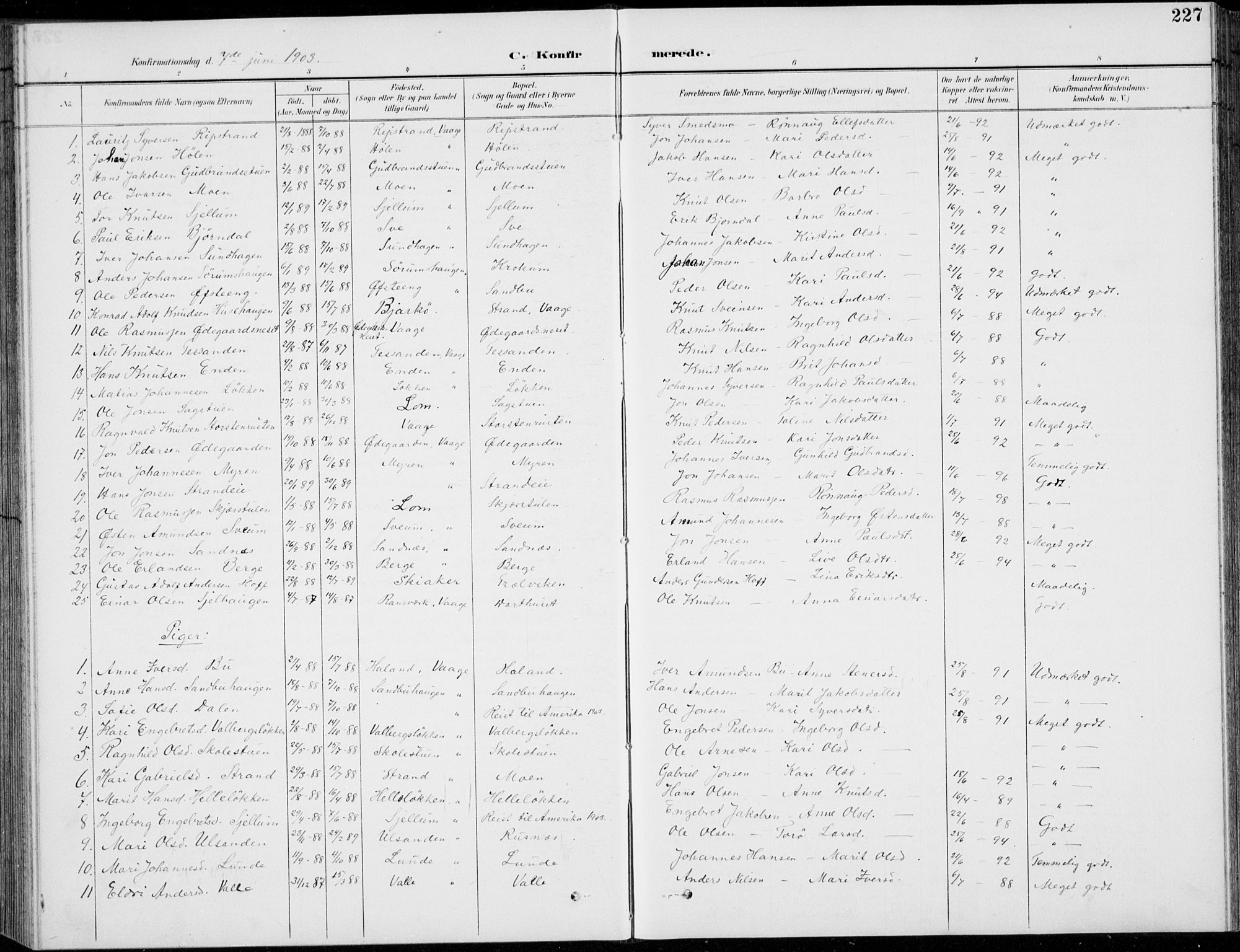 Vågå prestekontor, AV/SAH-PREST-076/H/Ha/Hab/L0002: Parish register (copy) no. 2, 1894-1939, p. 227