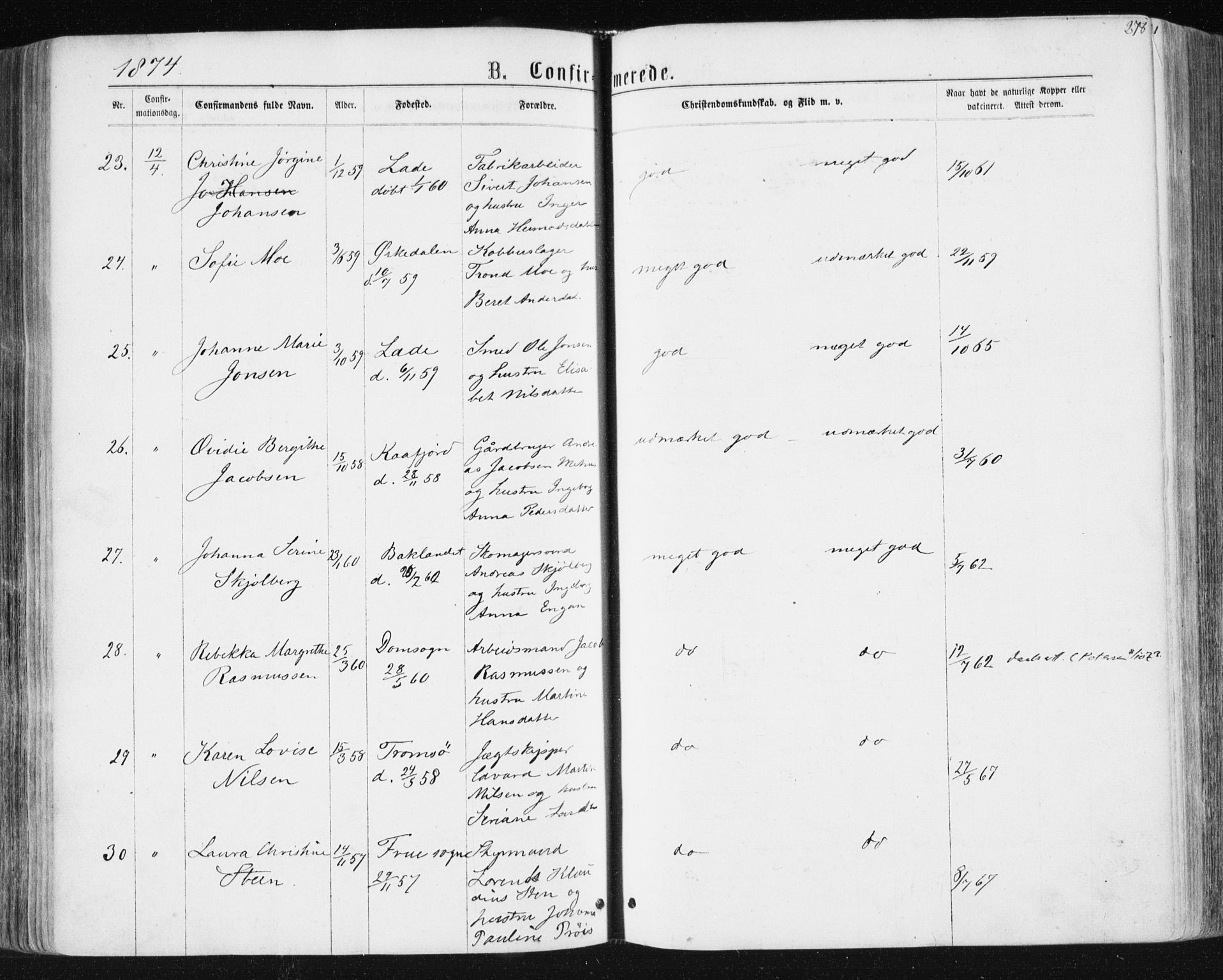 Ministerialprotokoller, klokkerbøker og fødselsregistre - Sør-Trøndelag, AV/SAT-A-1456/604/L0186: Parish register (official) no. 604A07, 1866-1877, p. 278