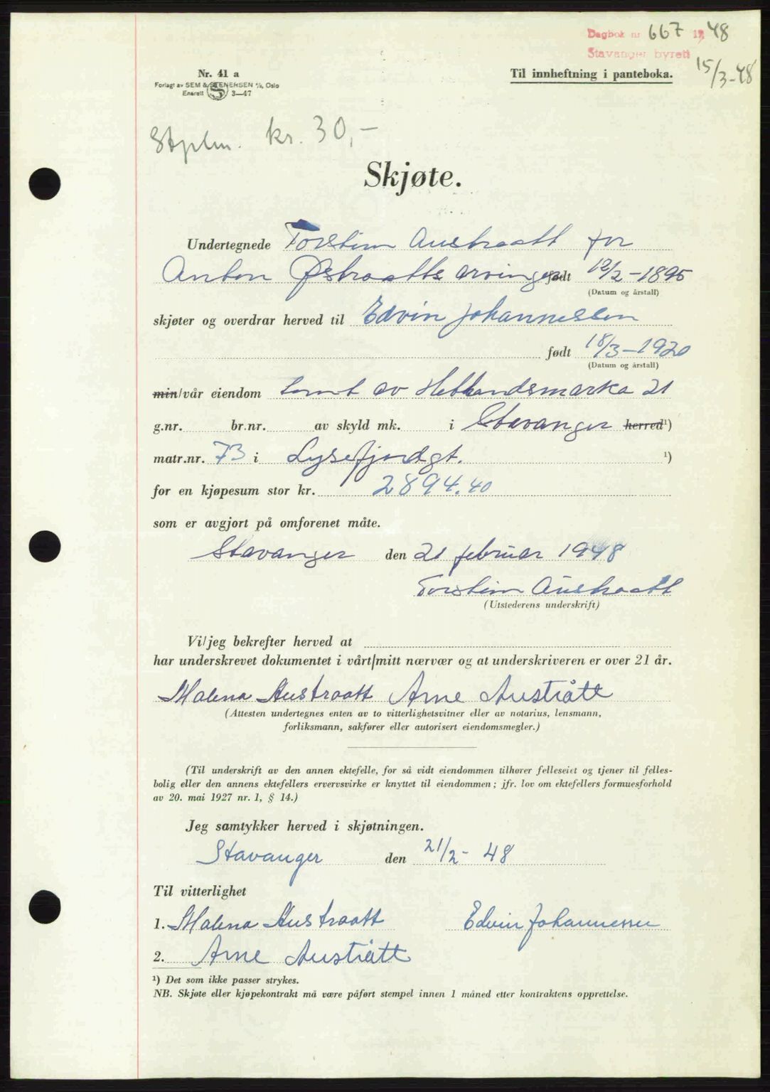 Stavanger byrett, SAST/A-100455/002/G/Gb/L0022: Mortgage book no. A11, 1947-1948, Diary no: : 667/1948