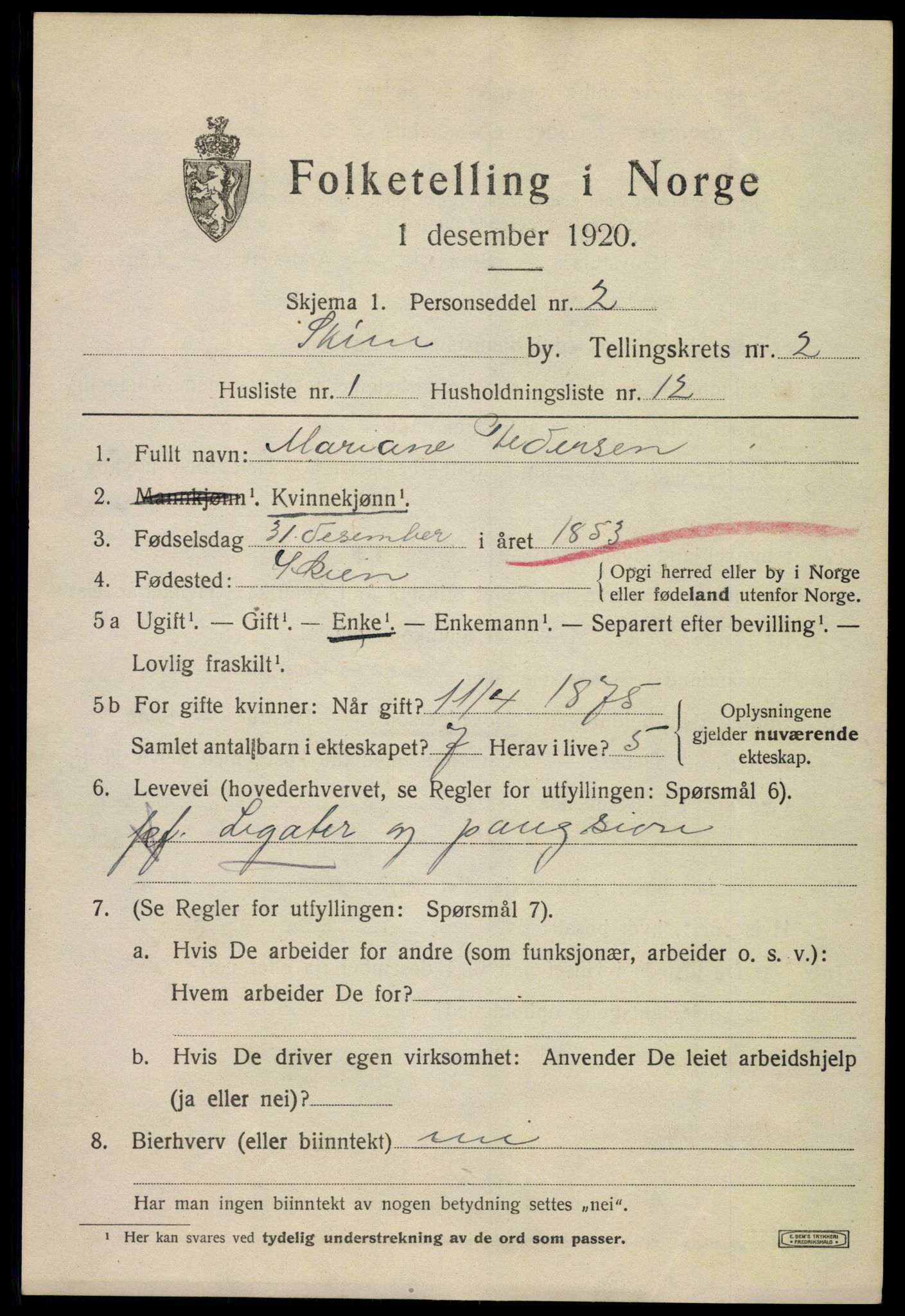 SAKO, 1920 census for Skien, 1920, p. 13554