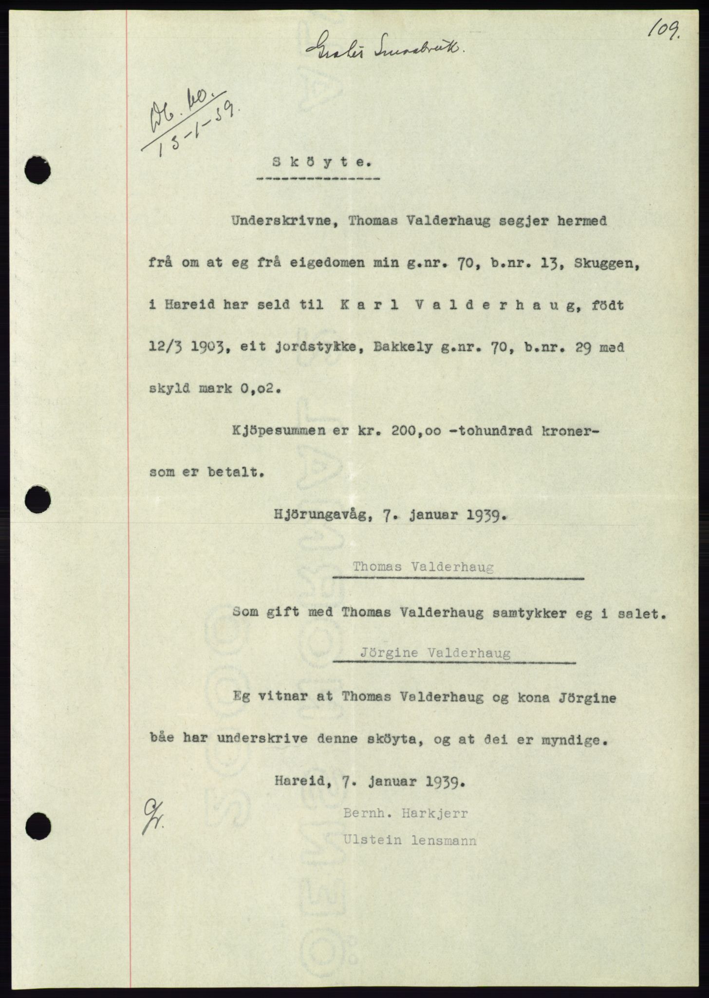 Søre Sunnmøre sorenskriveri, AV/SAT-A-4122/1/2/2C/L0067: Mortgage book no. 61, 1938-1939, Diary no: : 60/1939