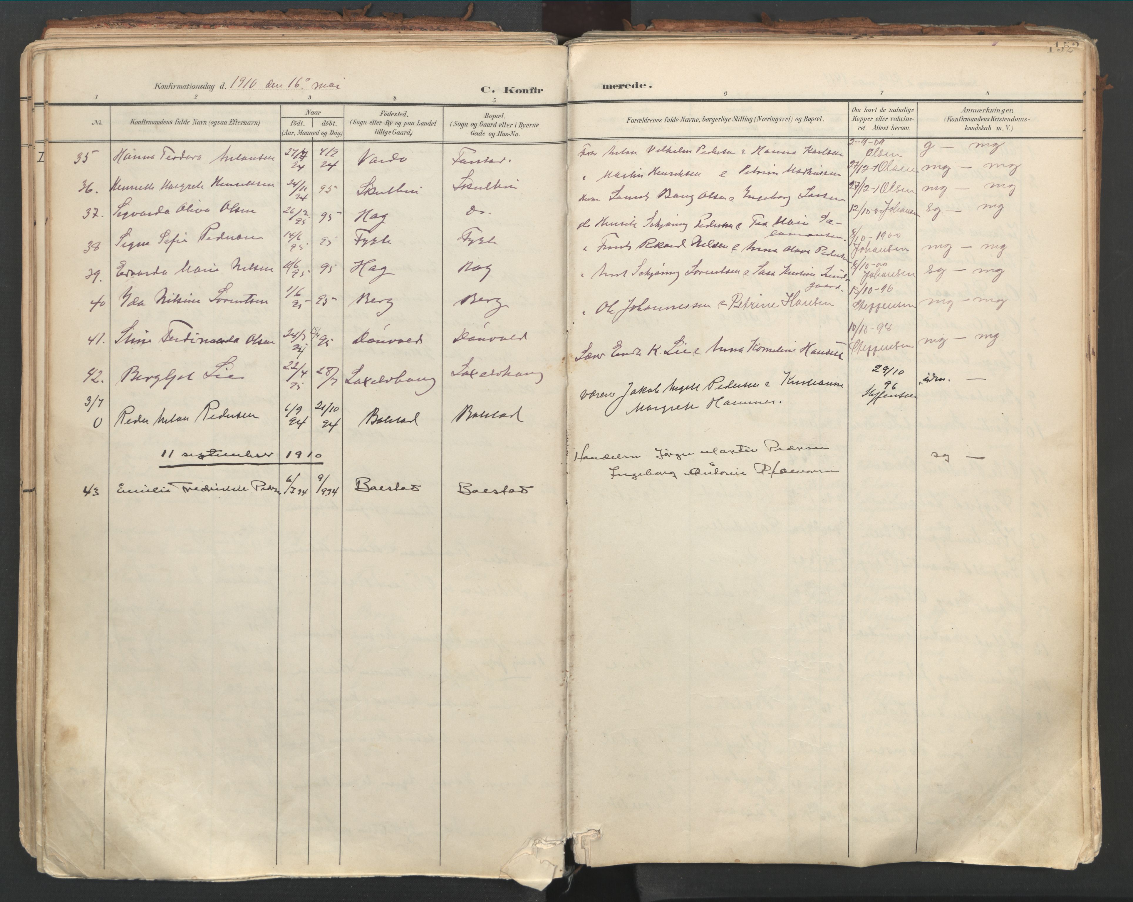 Ministerialprotokoller, klokkerbøker og fødselsregistre - Nordland, AV/SAT-A-1459/881/L1154: Parish register (official) no. 881A07, 1907-1918, p. 152