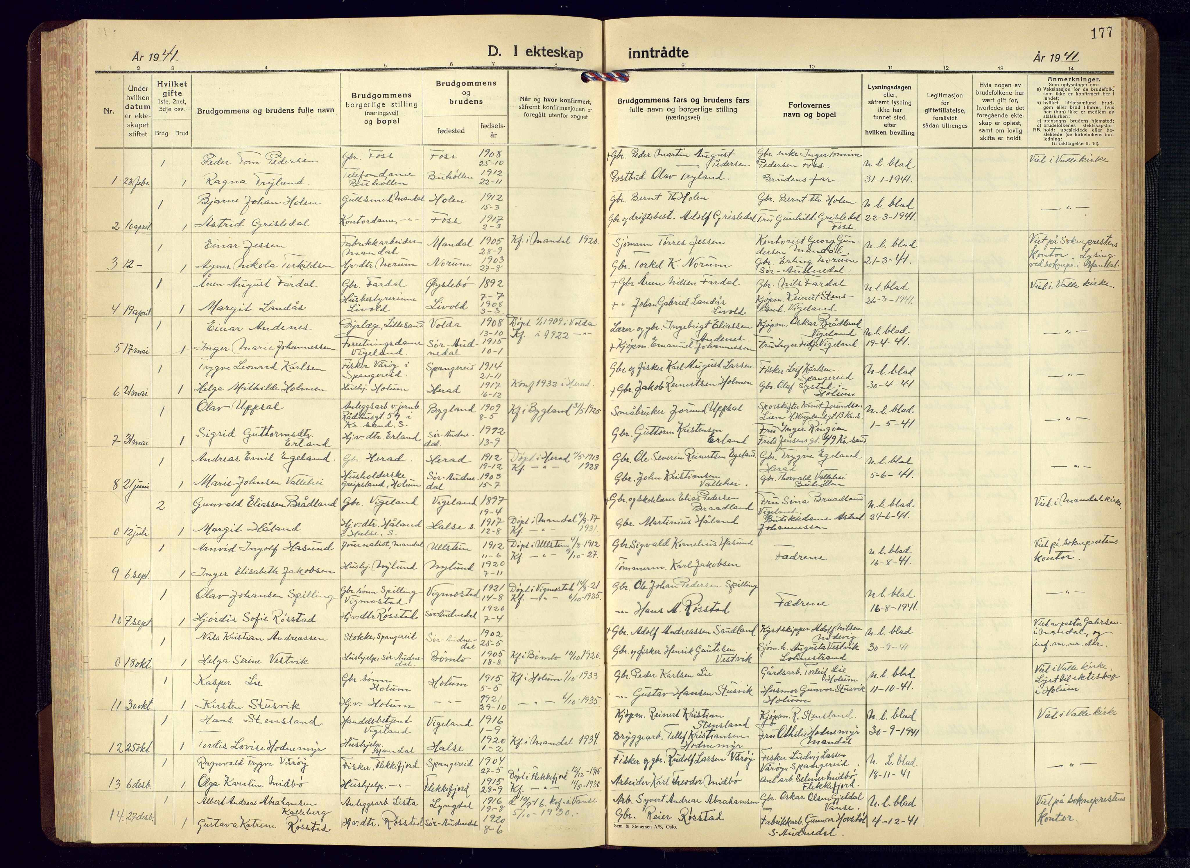 Sør-Audnedal sokneprestkontor, AV/SAK-1111-0039/F/Fb/Fbb/L0007: Parish register (copy) no. B-7, 1939-1965, p. 177