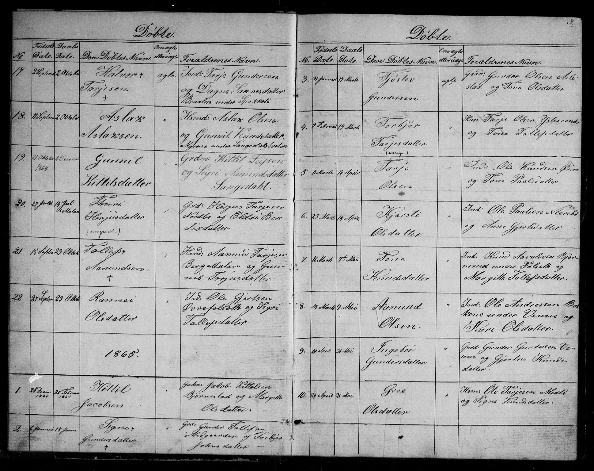Fyresdal kirkebøker, SAKO/A-263/G/Gb/L0001: Parish register (copy) no. II 1, 1864-1890, p. 3