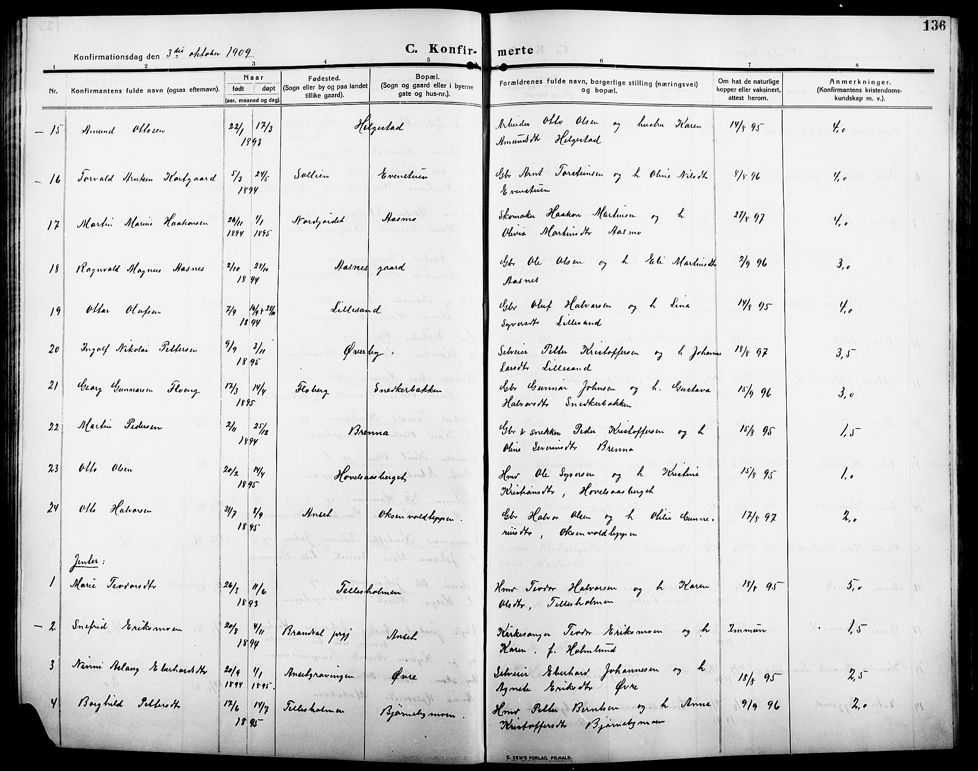 Åsnes prestekontor, AV/SAH-PREST-042/H/Ha/Hab/L0007: Parish register (copy) no. 7, 1909-1926, p. 136