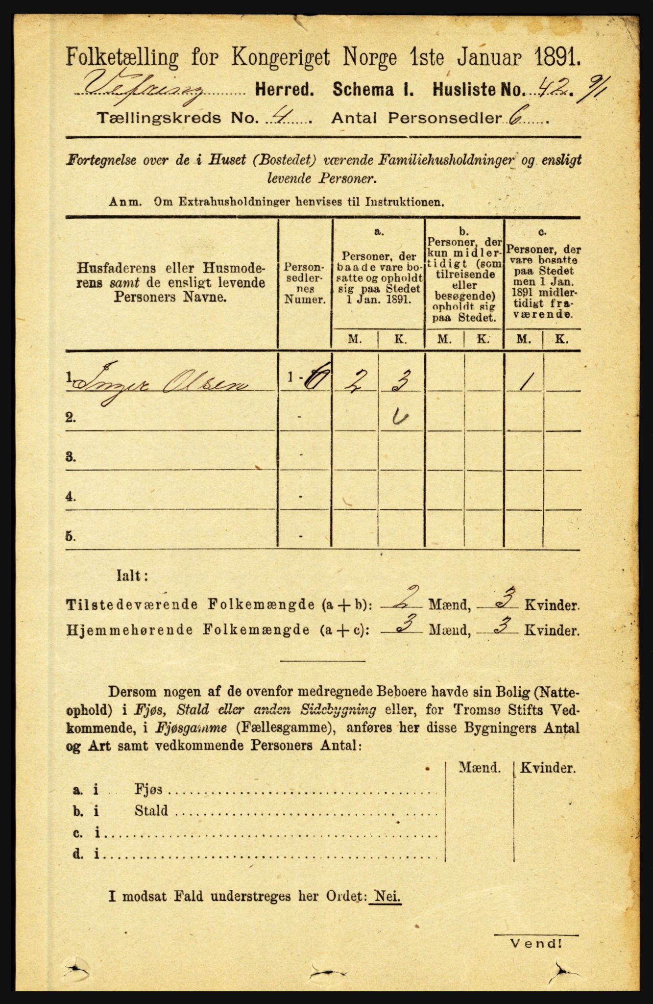 RA, 1891 census for 1434 Vevring, 1891, p. 1190