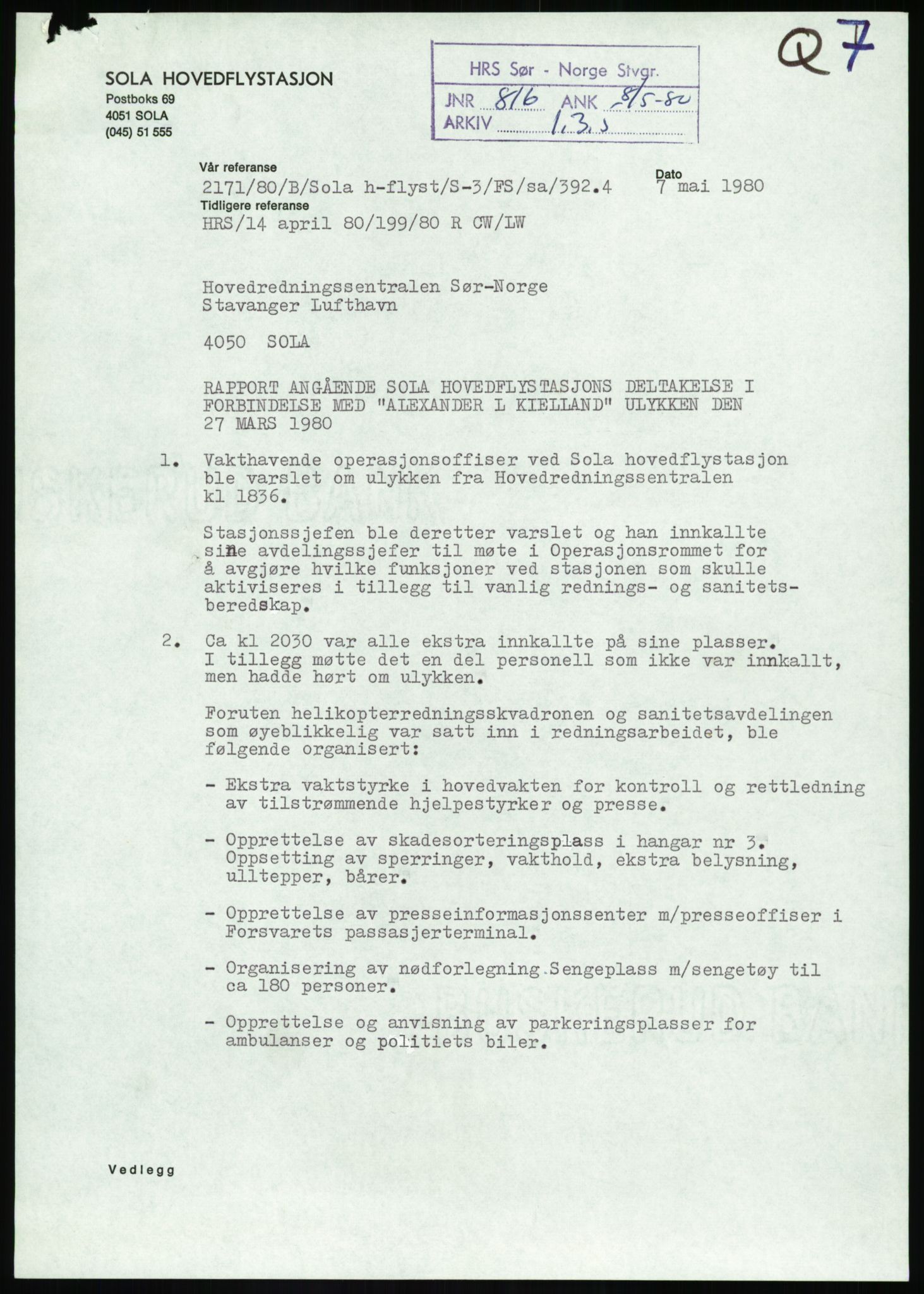 Justisdepartementet, Granskningskommisjonen ved Alexander Kielland-ulykken 27.3.1980, RA/S-1165/D/L0017: P Hjelpefartøy (Doku.liste + P1-P6 av 6)/Q Hovedredningssentralen (Q0-Q27 av 27), 1980-1981, p. 278