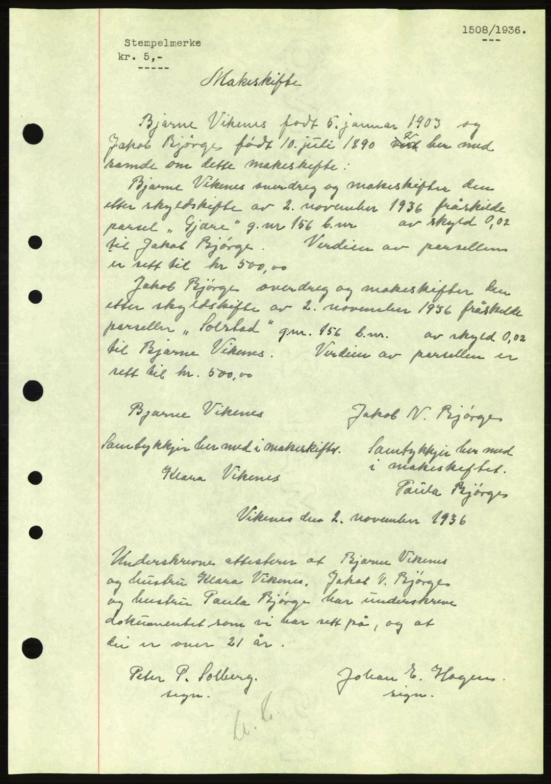 Nordre Sunnmøre sorenskriveri, AV/SAT-A-0006/1/2/2C/2Ca: Mortgage book no. A2, 1936-1937, Diary no: : 1508/1936