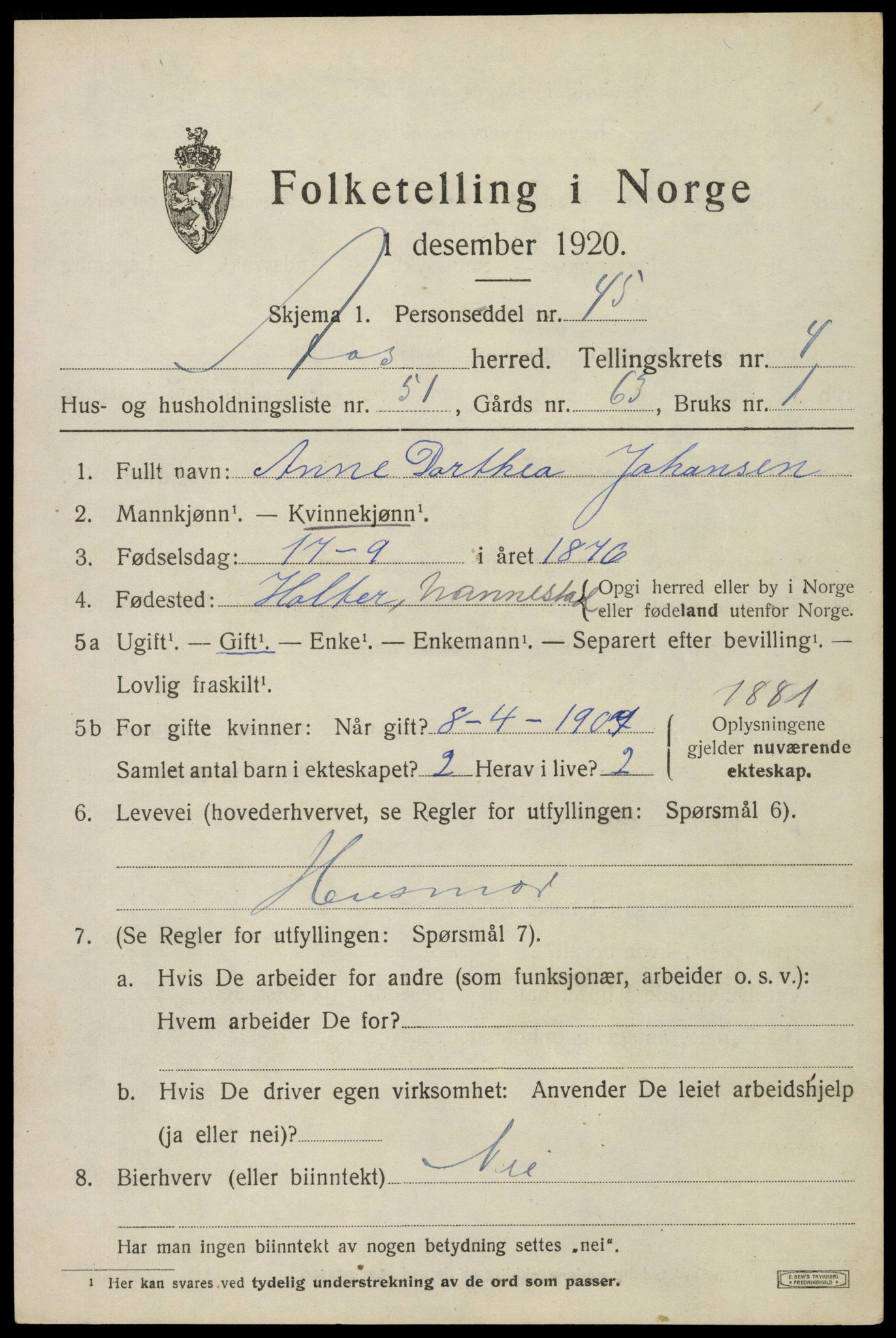 SAO, 1920 census for Ås, 1920, p. 5814