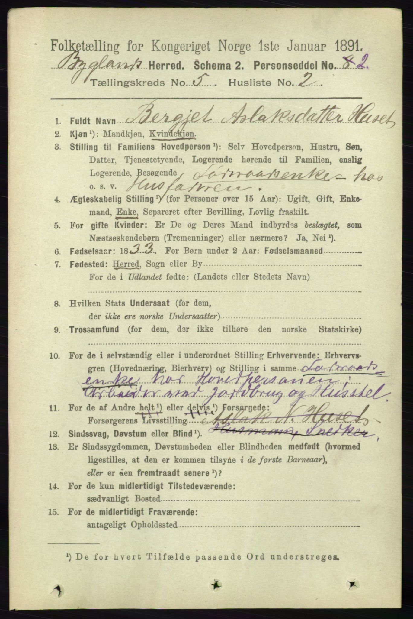 RA, 1891 census for 0938 Bygland, 1891, p. 1057