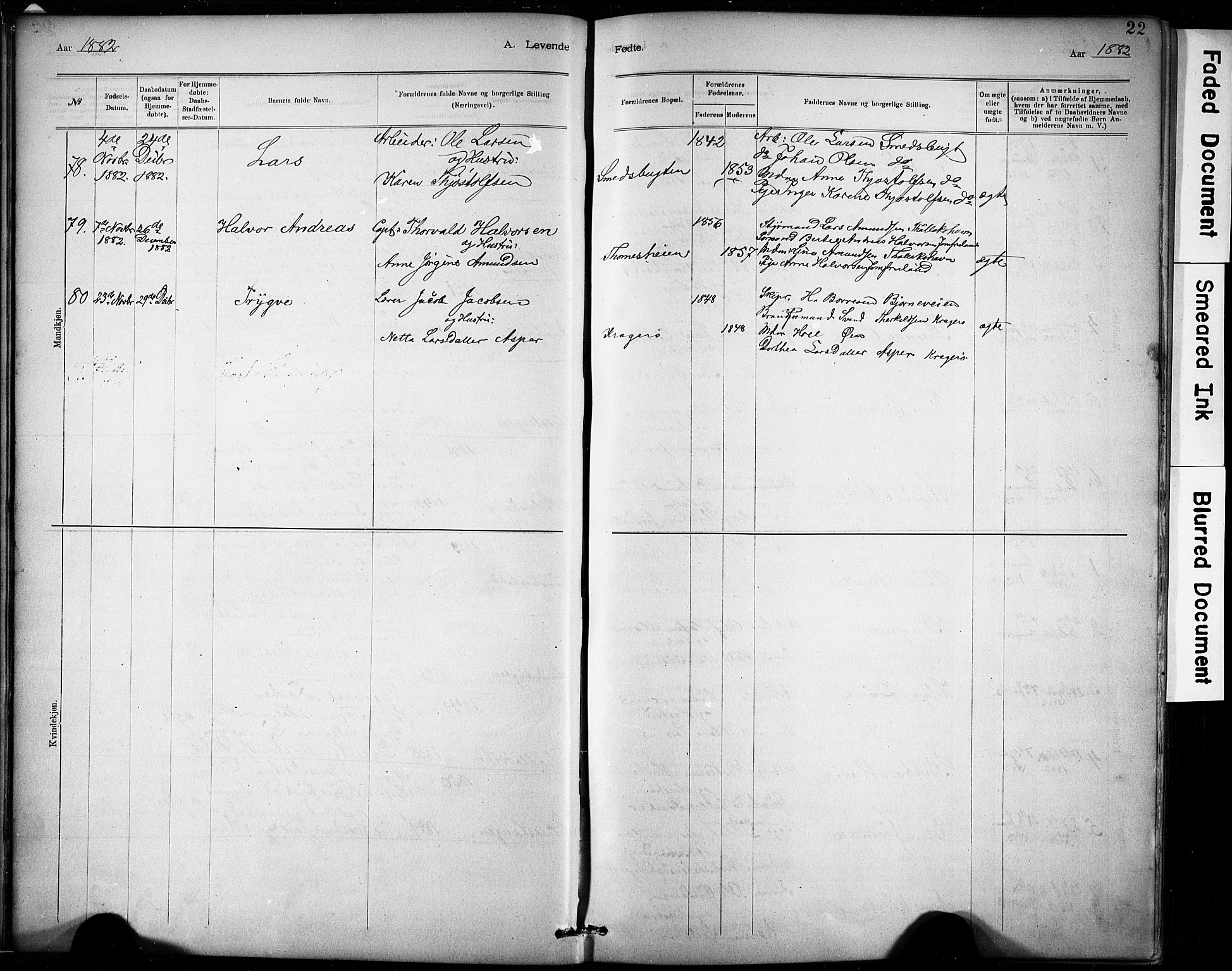 Kragerø kirkebøker, AV/SAKO-A-278/G/Ga/L0007: Parish register (copy) no. 7, 1881-1927, p. 22