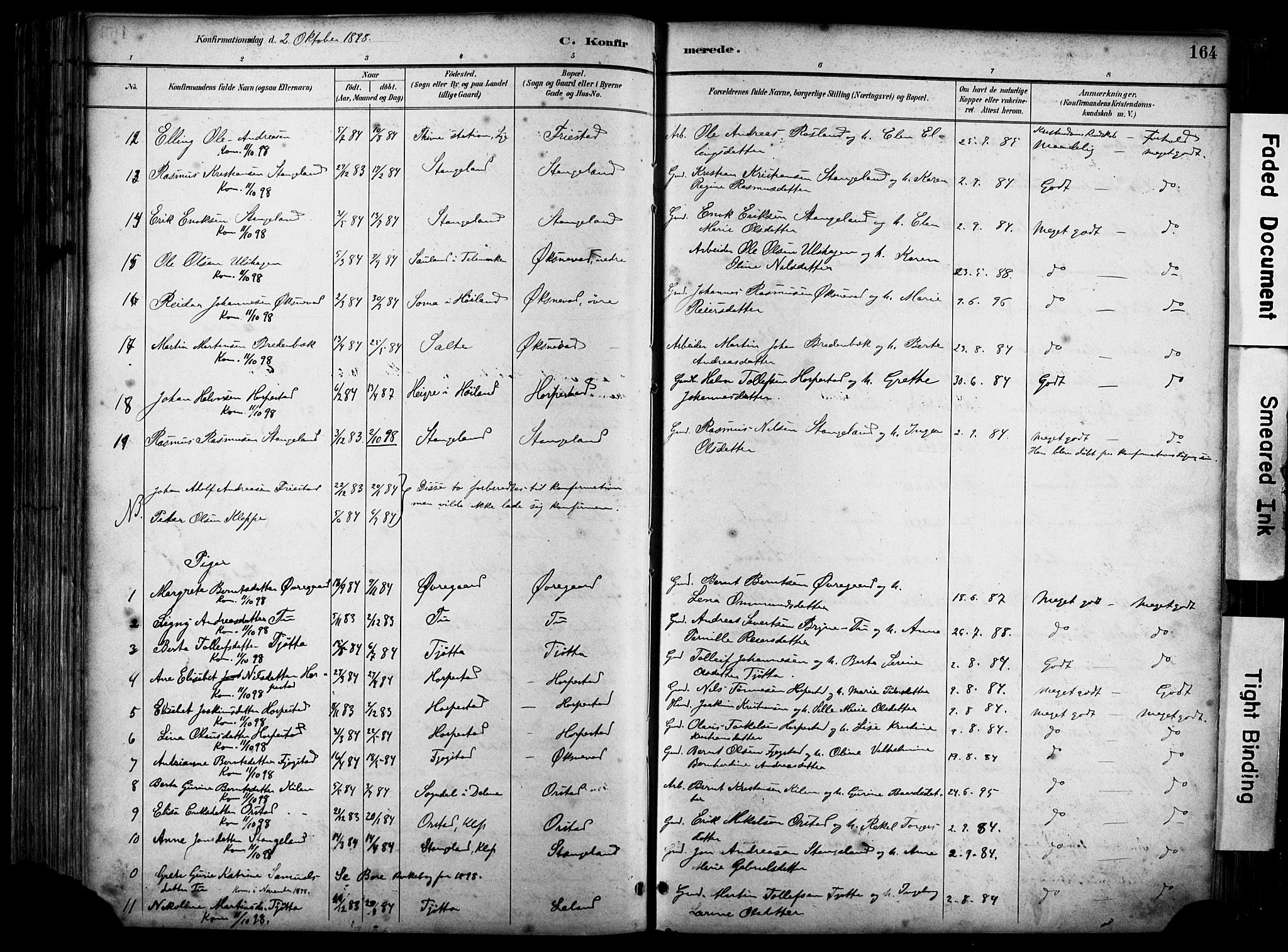 Klepp sokneprestkontor, SAST/A-101803/001/3/30BA/L0009: Parish register (official) no. A 7, 1886-1915, p. 164