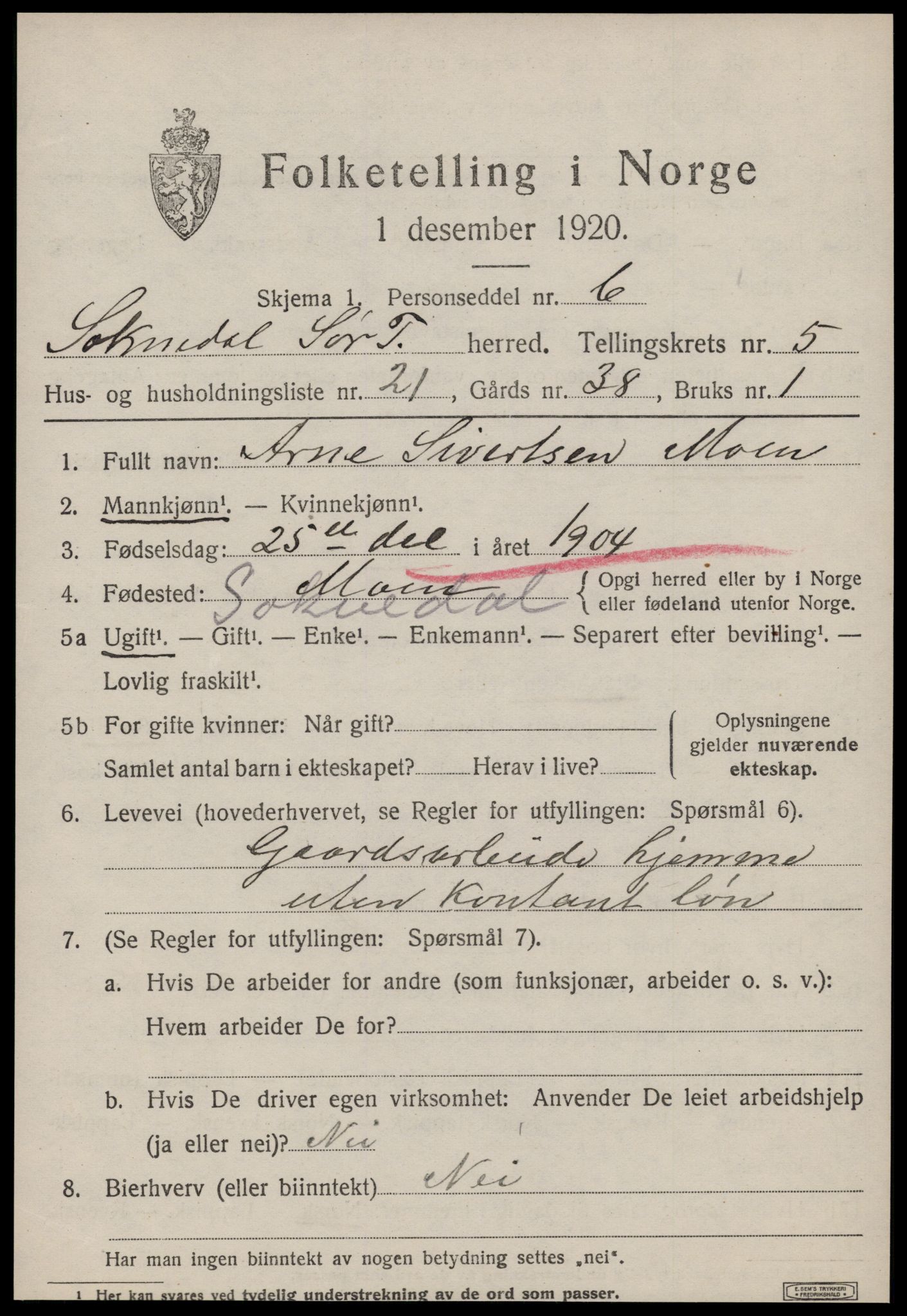 SAT, 1920 census for Soknedal, 1920, p. 2884