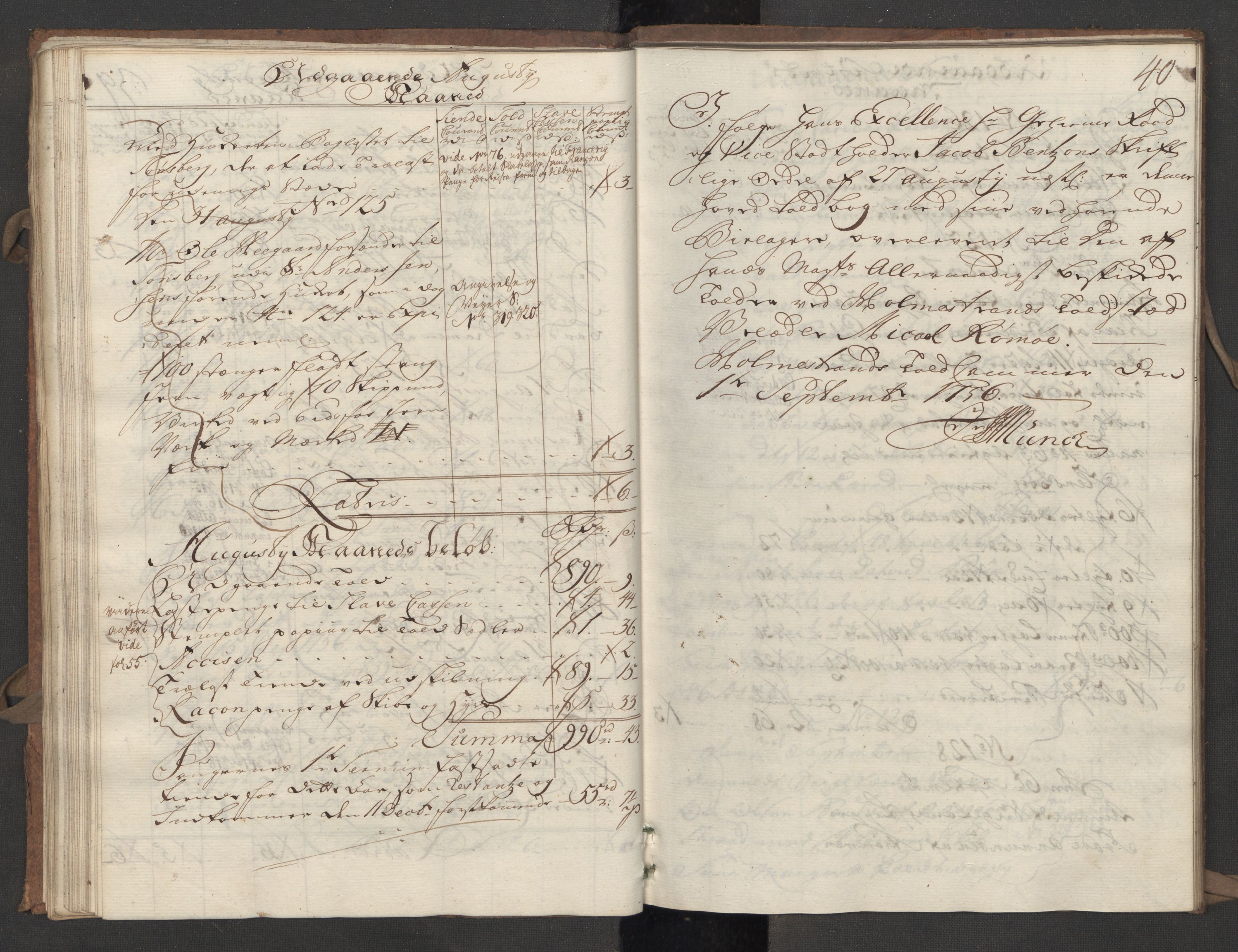 Generaltollkammeret, tollregnskaper, AV/RA-EA-5490/R09/L0022/0001: Tollregnskaper Holmestrand / Utgående hovedtollbok, 1756, p. 39b-40a