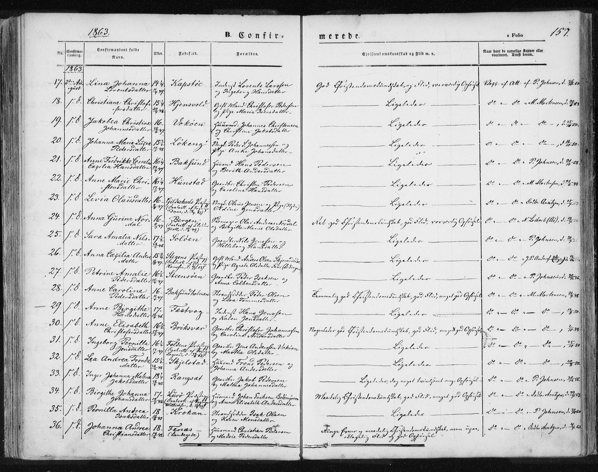 Ministerialprotokoller, klokkerbøker og fødselsregistre - Nordland, SAT/A-1459/801/L0007: Parish register (official) no. 801A07, 1845-1863, p. 157