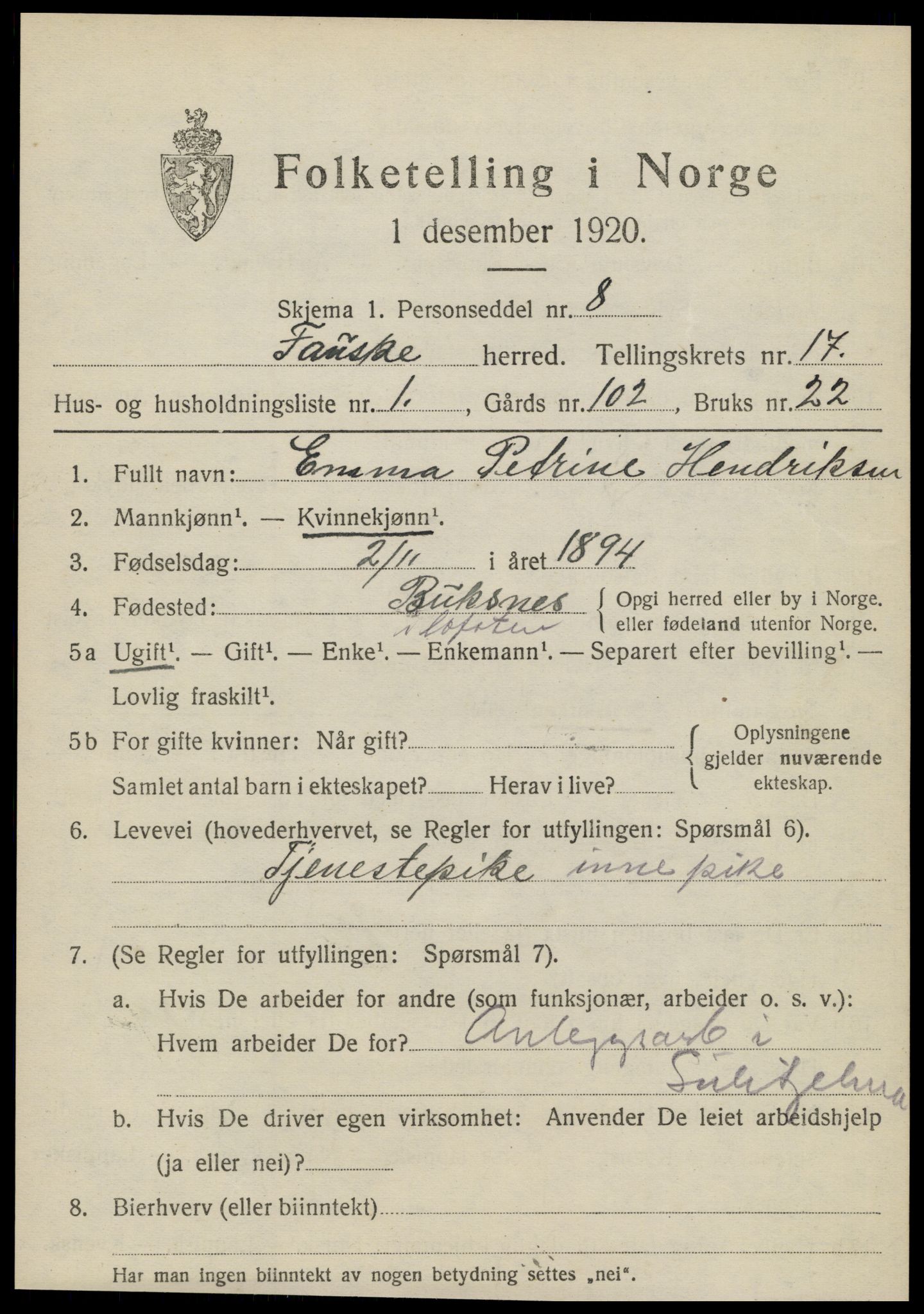 SAT, 1920 census for Fauske, 1920, p. 10452