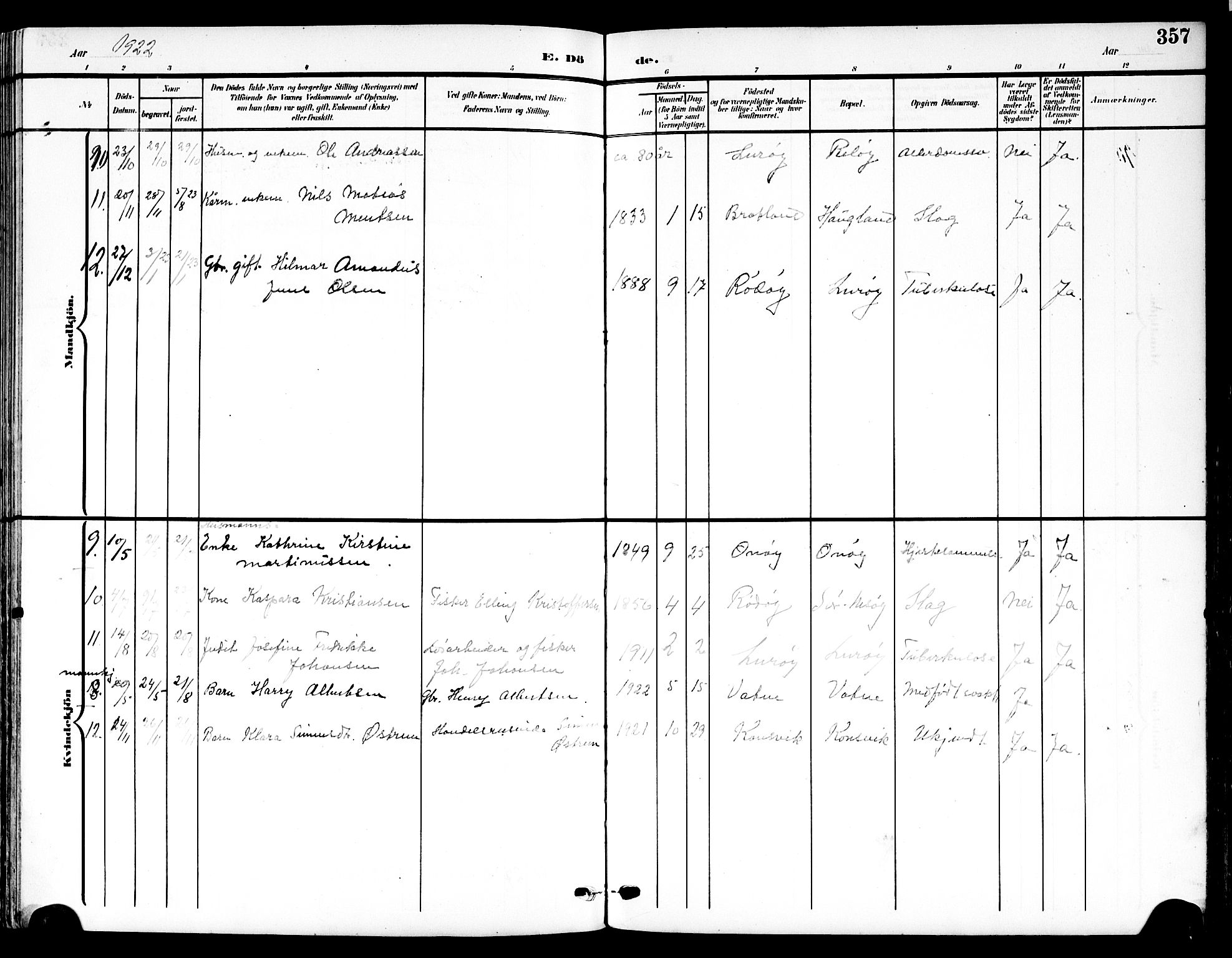 Ministerialprotokoller, klokkerbøker og fødselsregistre - Nordland, SAT/A-1459/839/L0569: Parish register (official) no. 839A06, 1903-1922, p. 357
