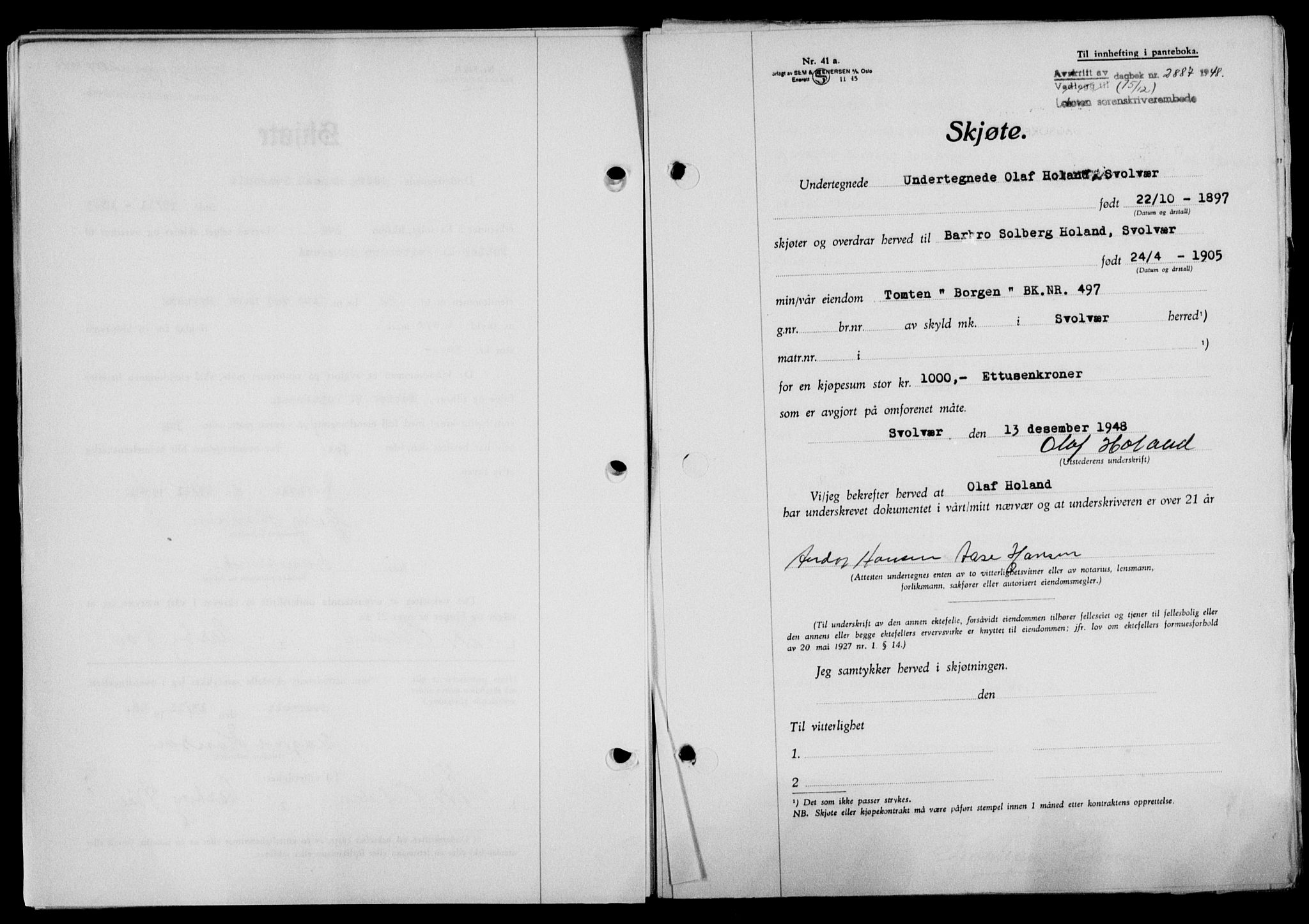 Lofoten sorenskriveri, SAT/A-0017/1/2/2C/L0020a: Mortgage book no. 20a, 1948-1949, Diary no: : 2887/1948