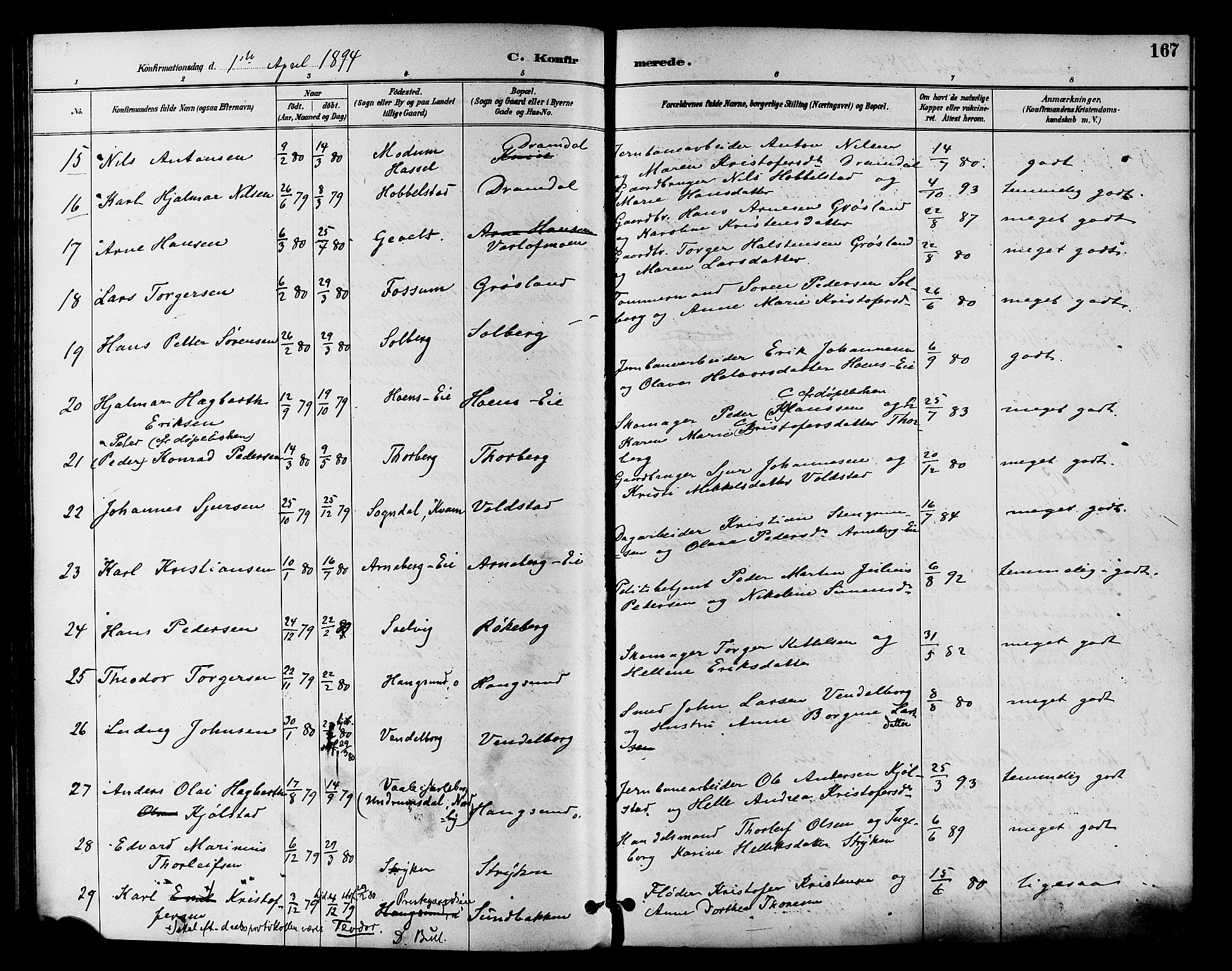 Eiker kirkebøker, SAKO/A-4/F/Fb/L0002: Parish register (official) no. II 2, 1889-1896, p. 167