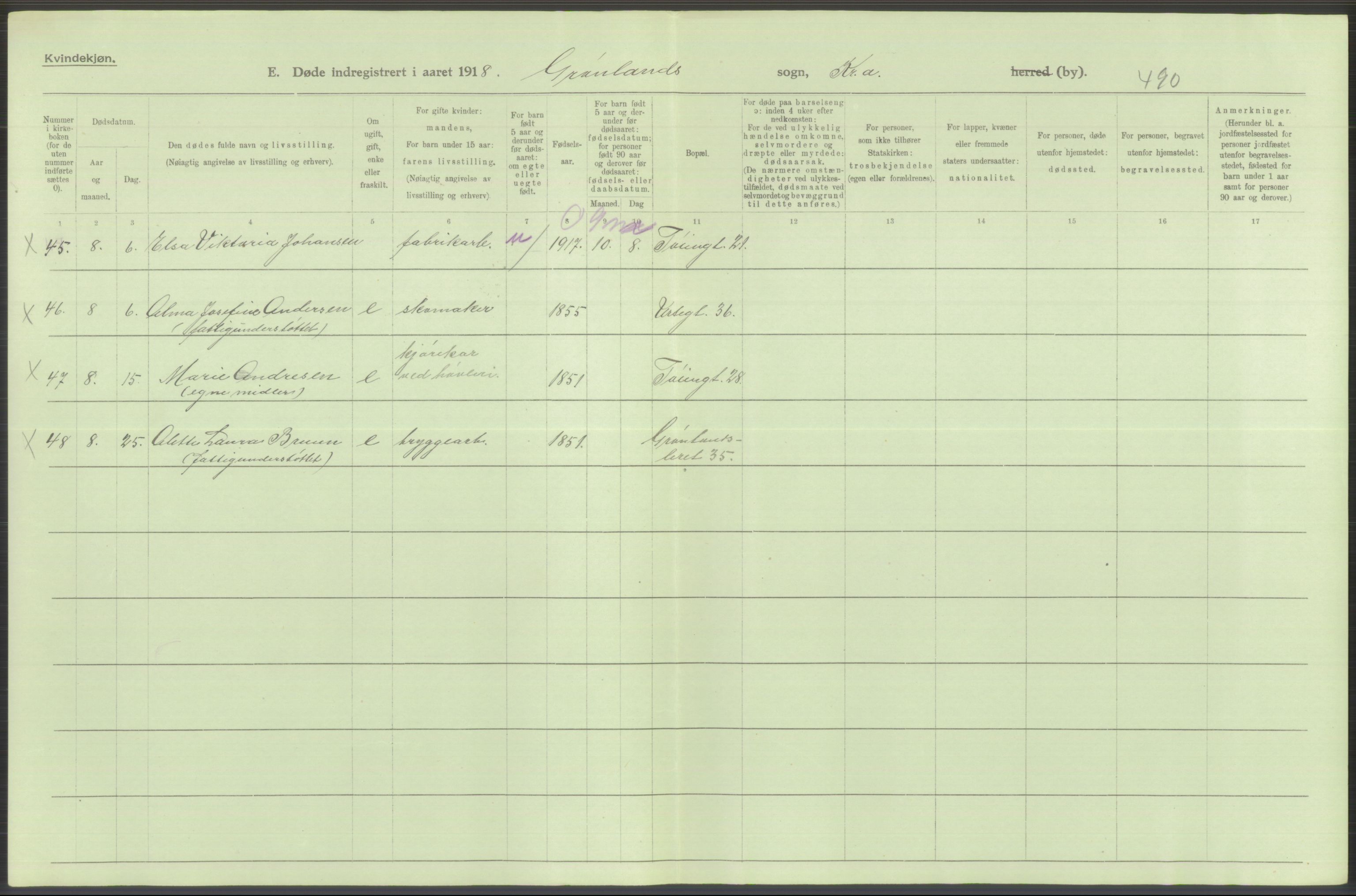 Statistisk sentralbyrå, Sosiodemografiske emner, Befolkning, AV/RA-S-2228/D/Df/Dfb/Dfbh/L0011: Kristiania: Døde, dødfødte, 1918, p. 380