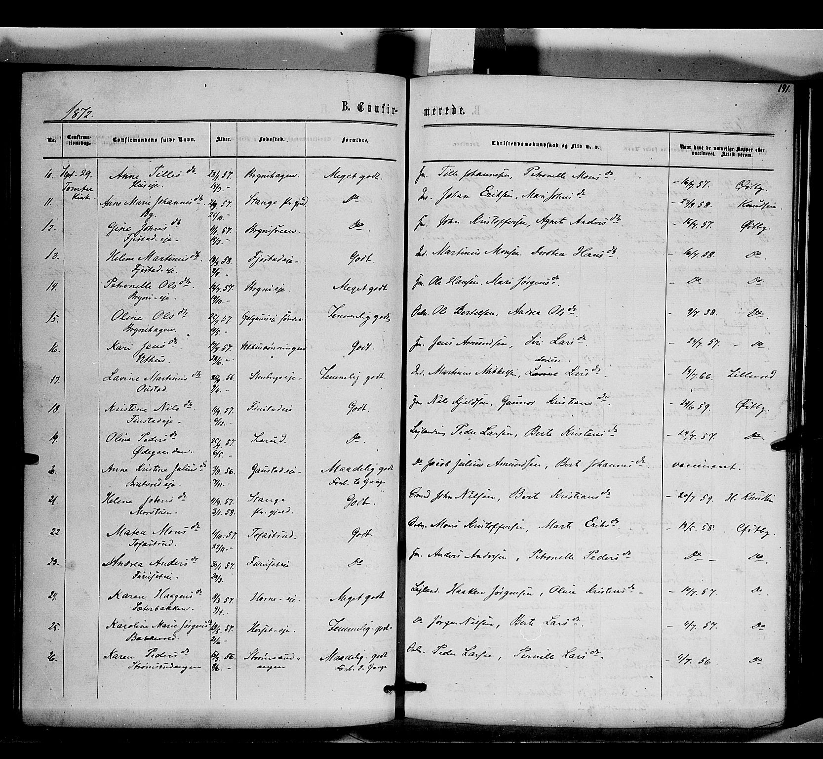 Romedal prestekontor, AV/SAH-PREST-004/K/L0005: Parish register (official) no. 5, 1862-1874, p. 191