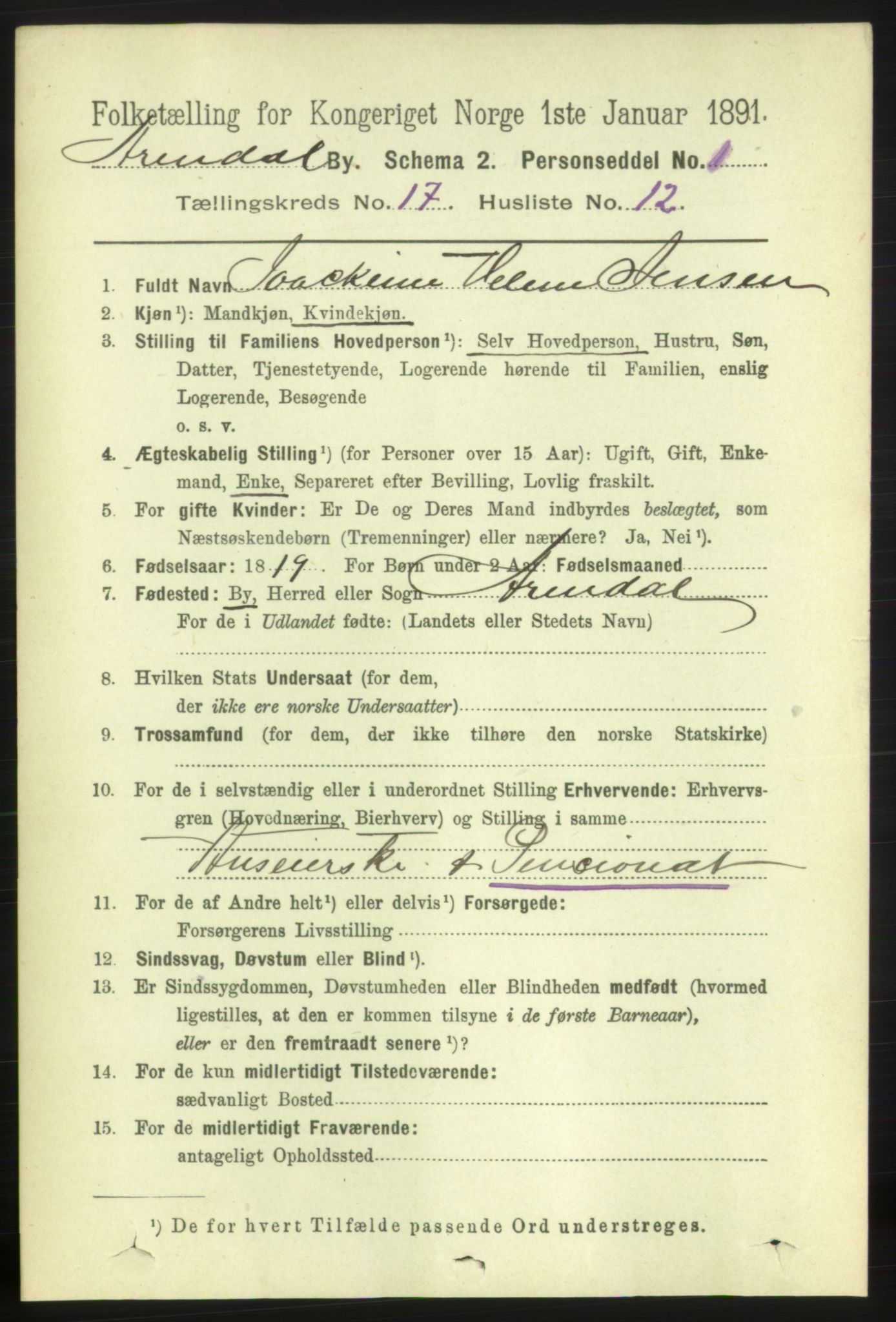 RA, 1891 census for 0903 Arendal, 1891, p. 5758