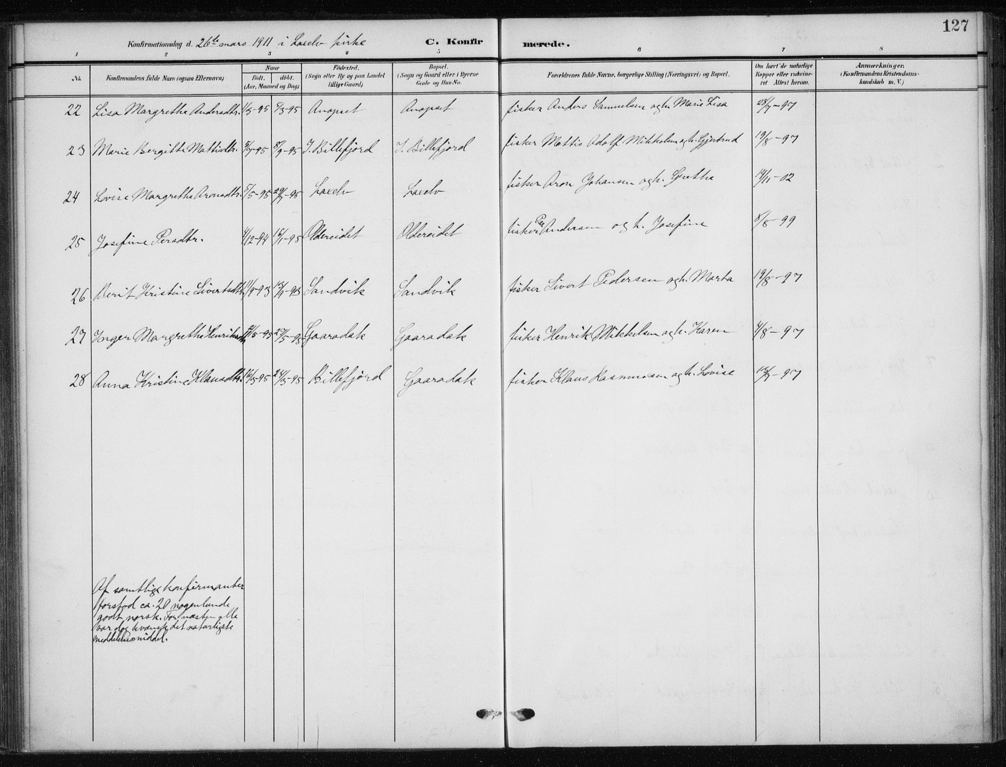 Kistrand/Porsanger sokneprestembete, AV/SATØ-S-1351/H/Ha/L0014.kirke: Parish register (official) no. 14, 1908-1917, p. 127