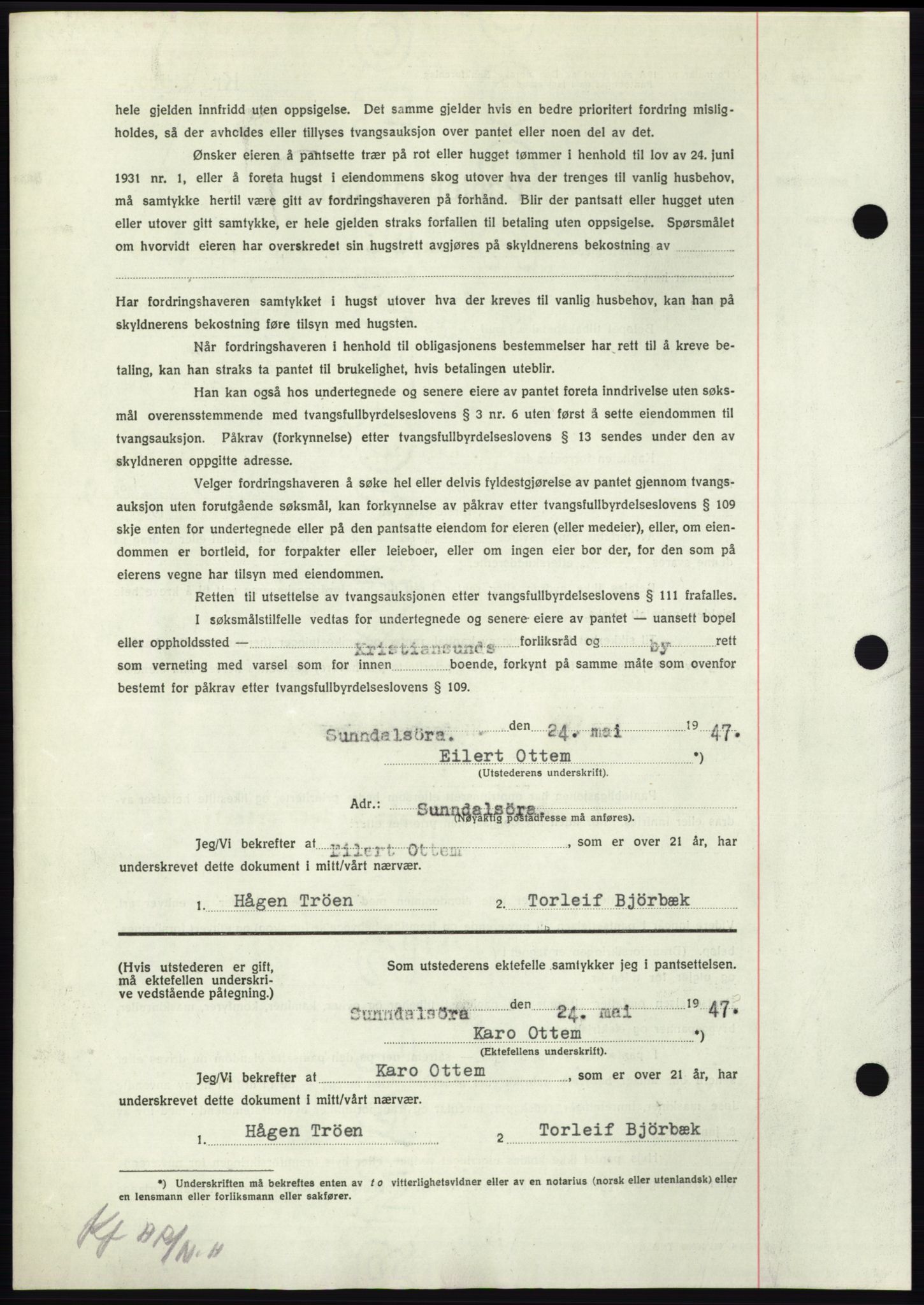 Nordmøre sorenskriveri, AV/SAT-A-4132/1/2/2Ca: Mortgage book no. B96, 1947-1947, Diary no: : 1188/1947