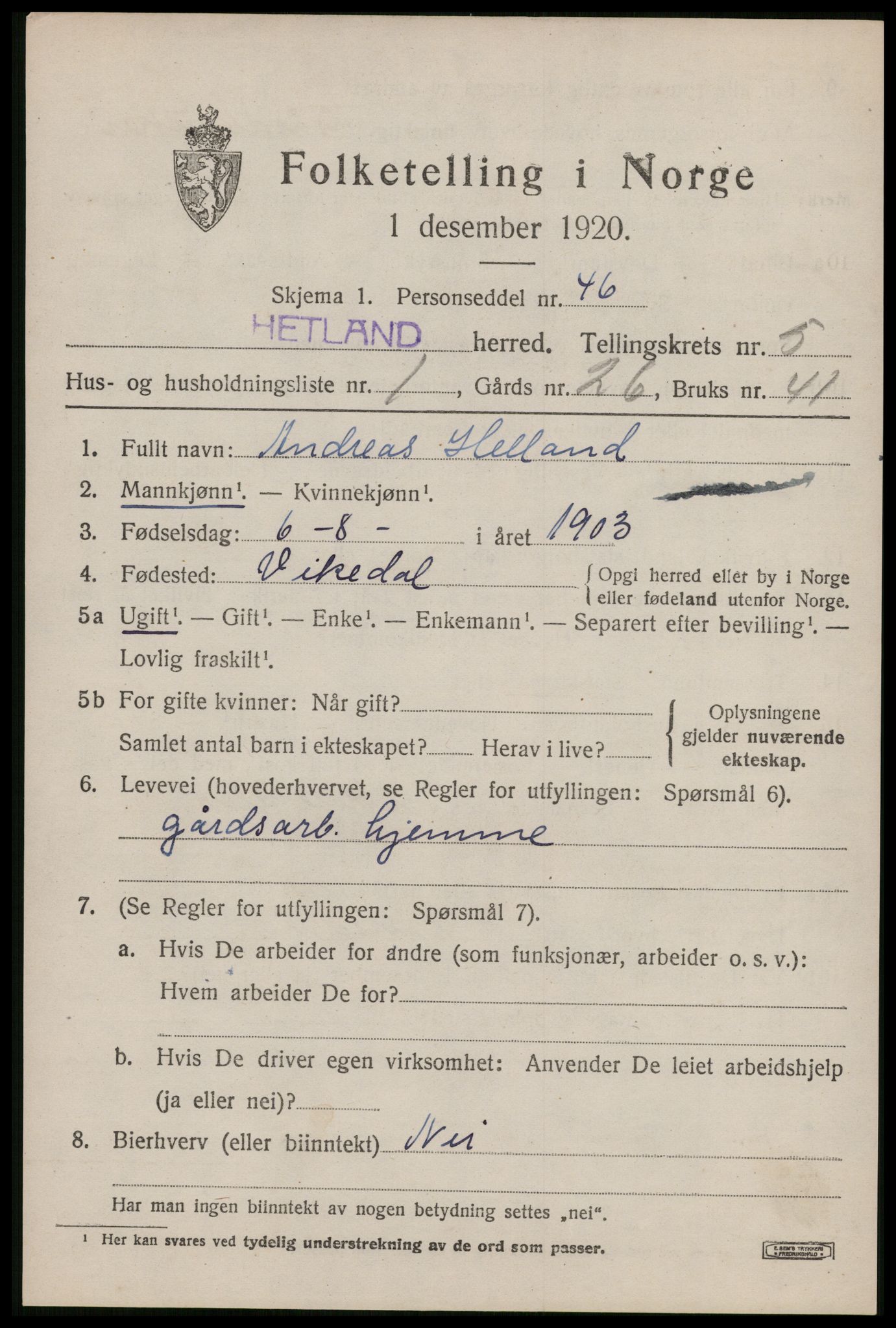 SAST, 1920 census for Hetland, 1920, p. 8241