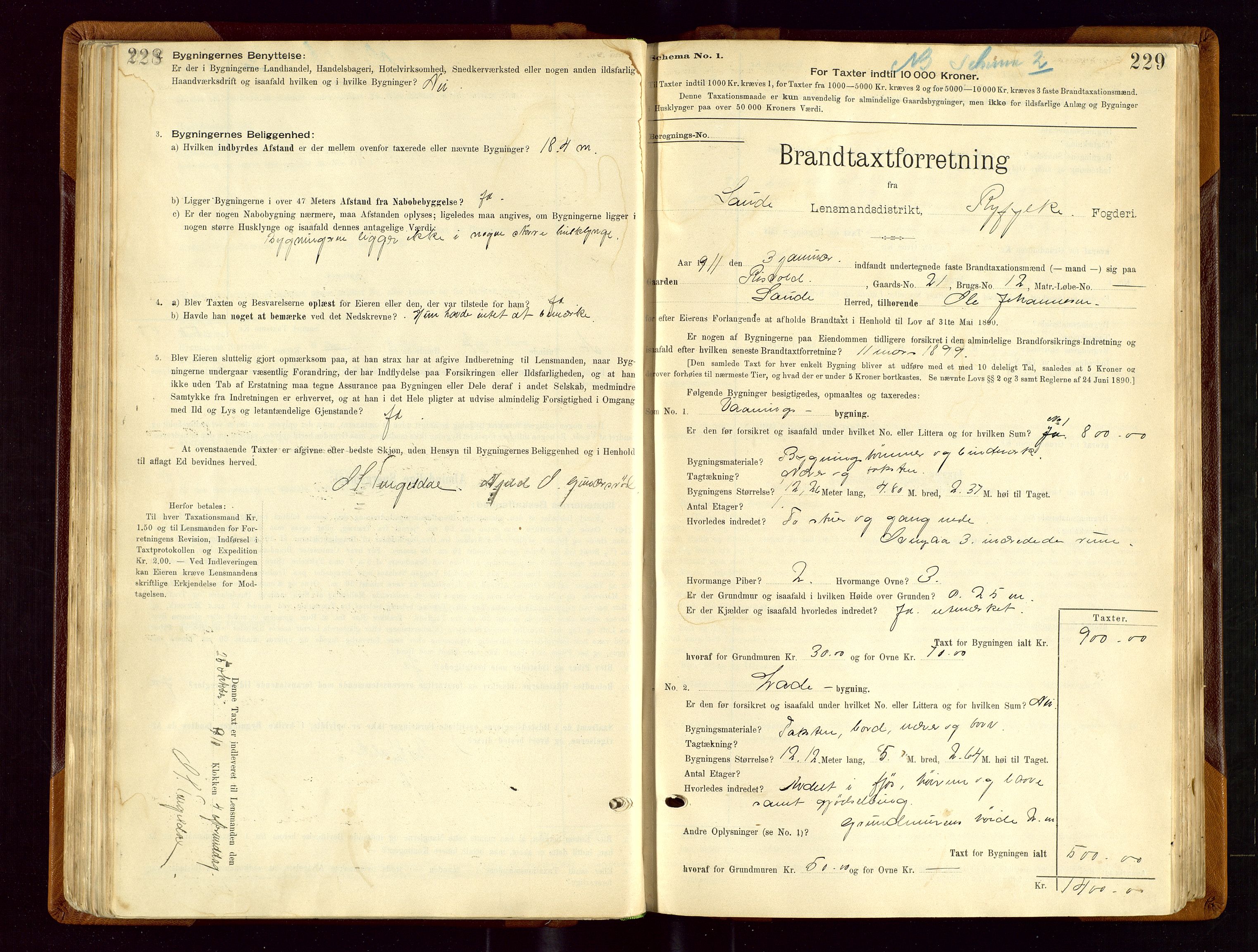 Sauda lensmannskontor, SAST/A-100177/Gob/L0001: Branntakstprotokoll - skjematakst, 1894-1914, p. 228-229