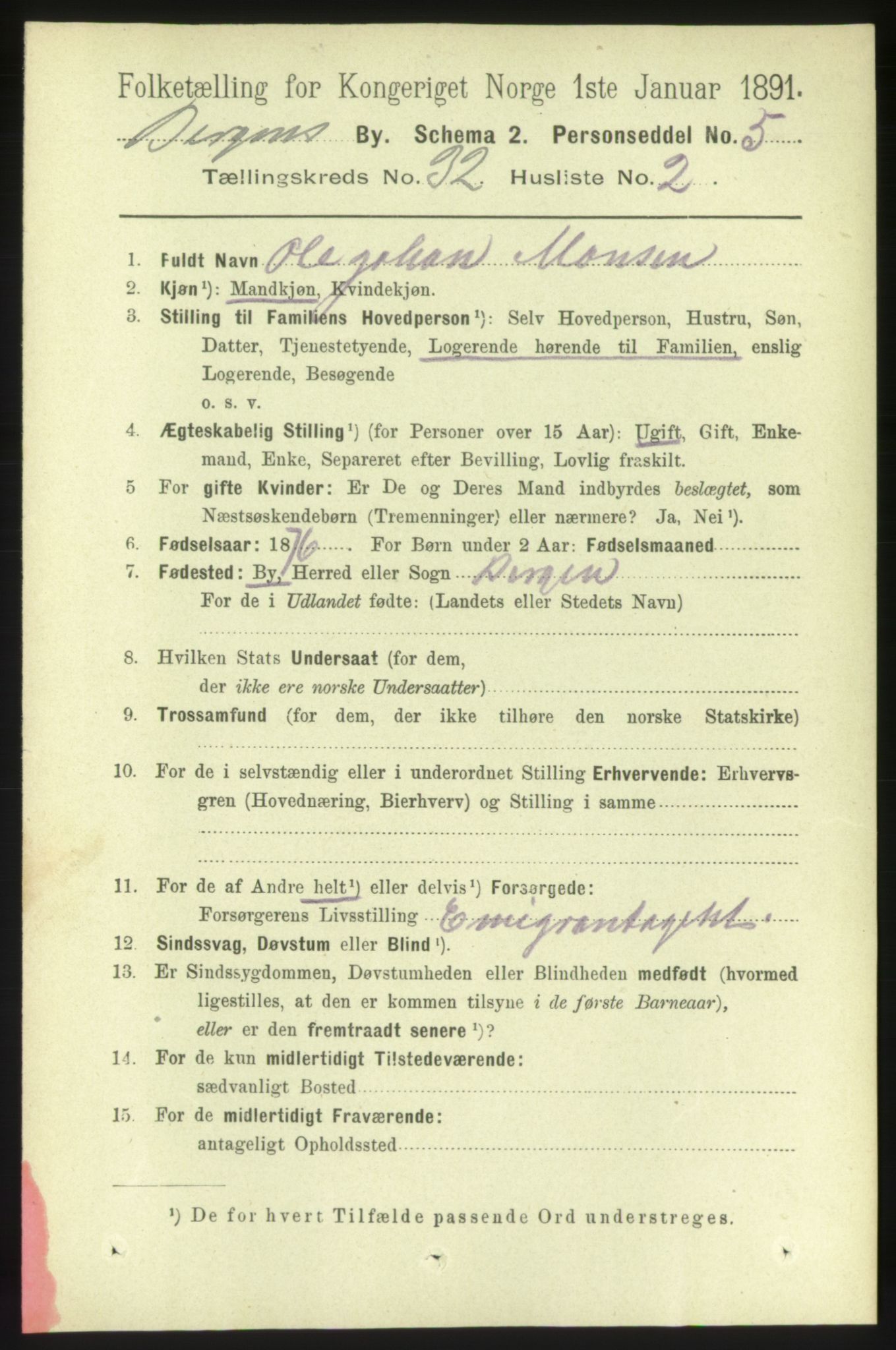 RA, 1891 Census for 1301 Bergen, 1891, p. 40015