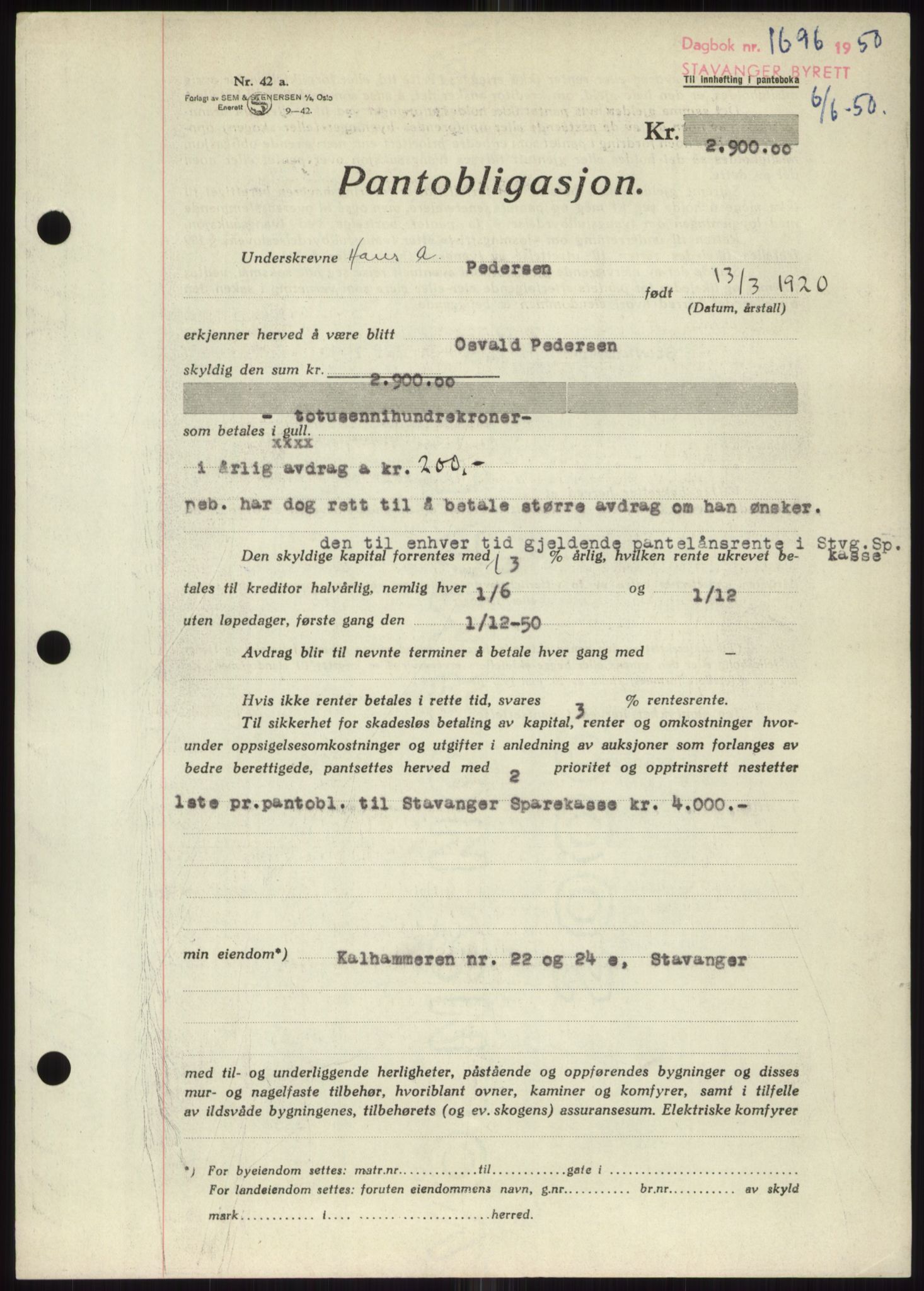 Stavanger byrett, SAST/A-100455/002/G/Gb/L0032: Mortgage book, 1947-1950, Diary no: : 1696/1950