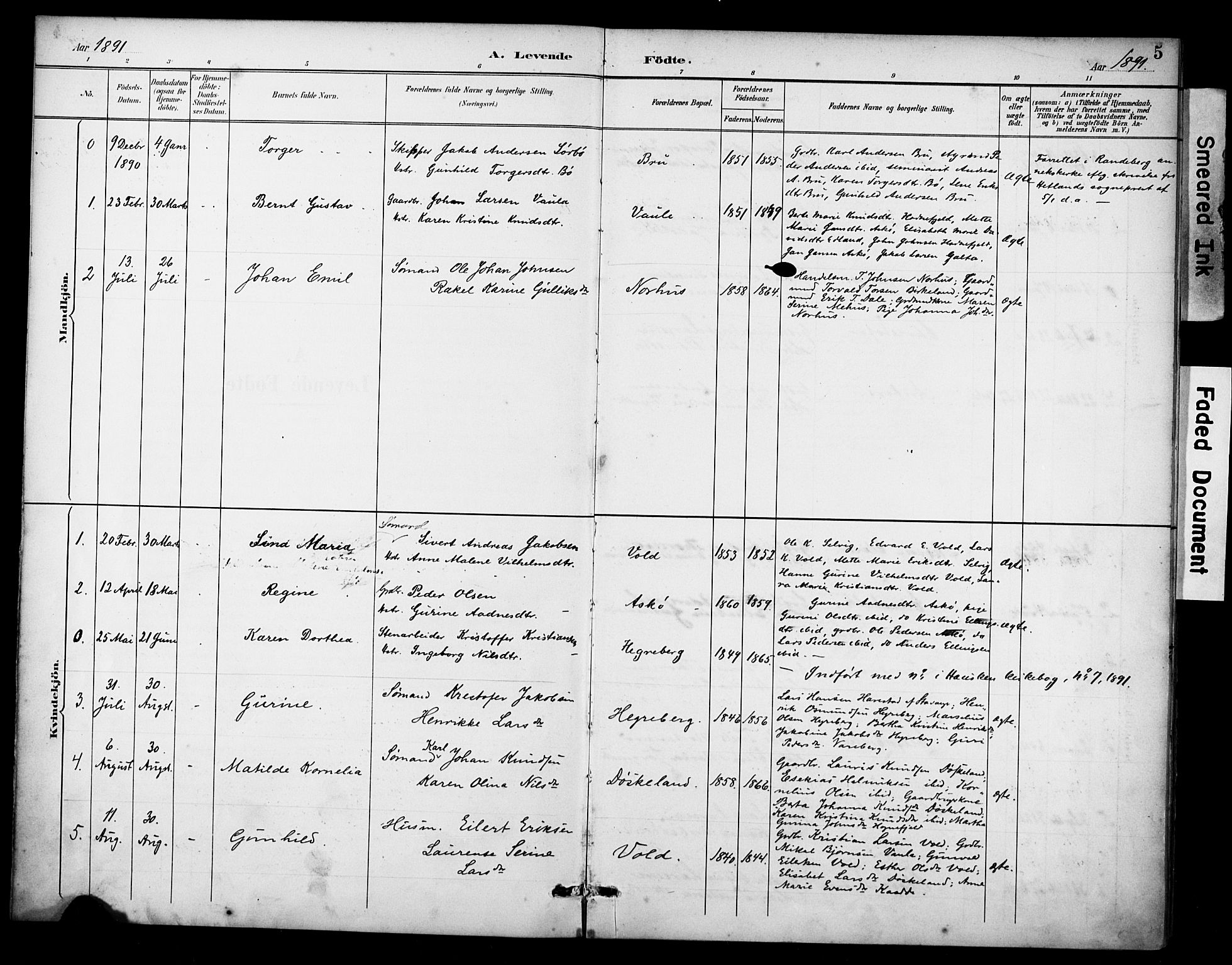 Rennesøy sokneprestkontor, AV/SAST-A -101827/H/Ha/Haa/L0015: Parish register (official) no. A 15, 1891-1908, p. 5