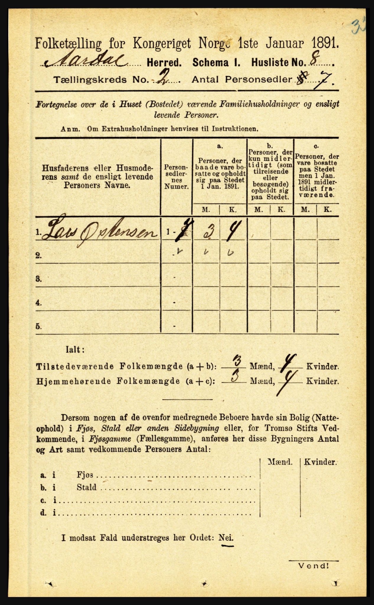 RA, 1891 census for 1424 Årdal, 1891, p. 134