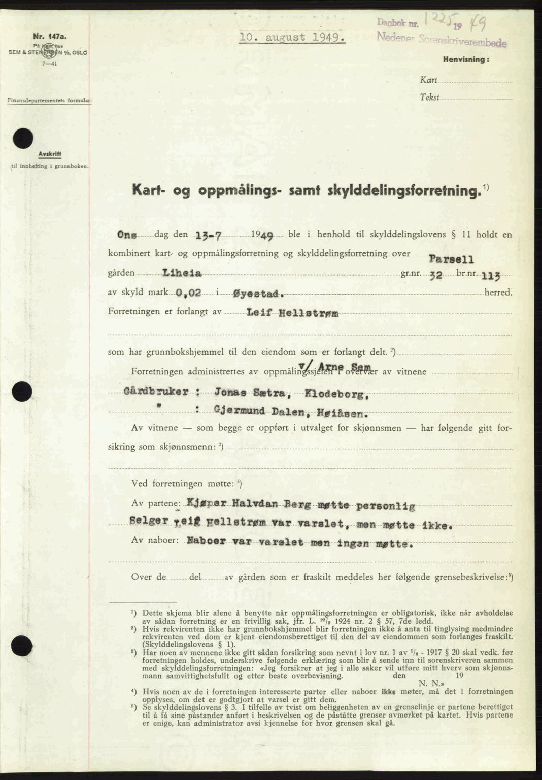 Nedenes sorenskriveri, AV/SAK-1221-0006/G/Gb/Gba/L0061: Mortgage book no. A13, 1949-1949, Diary no: : 1225/1949