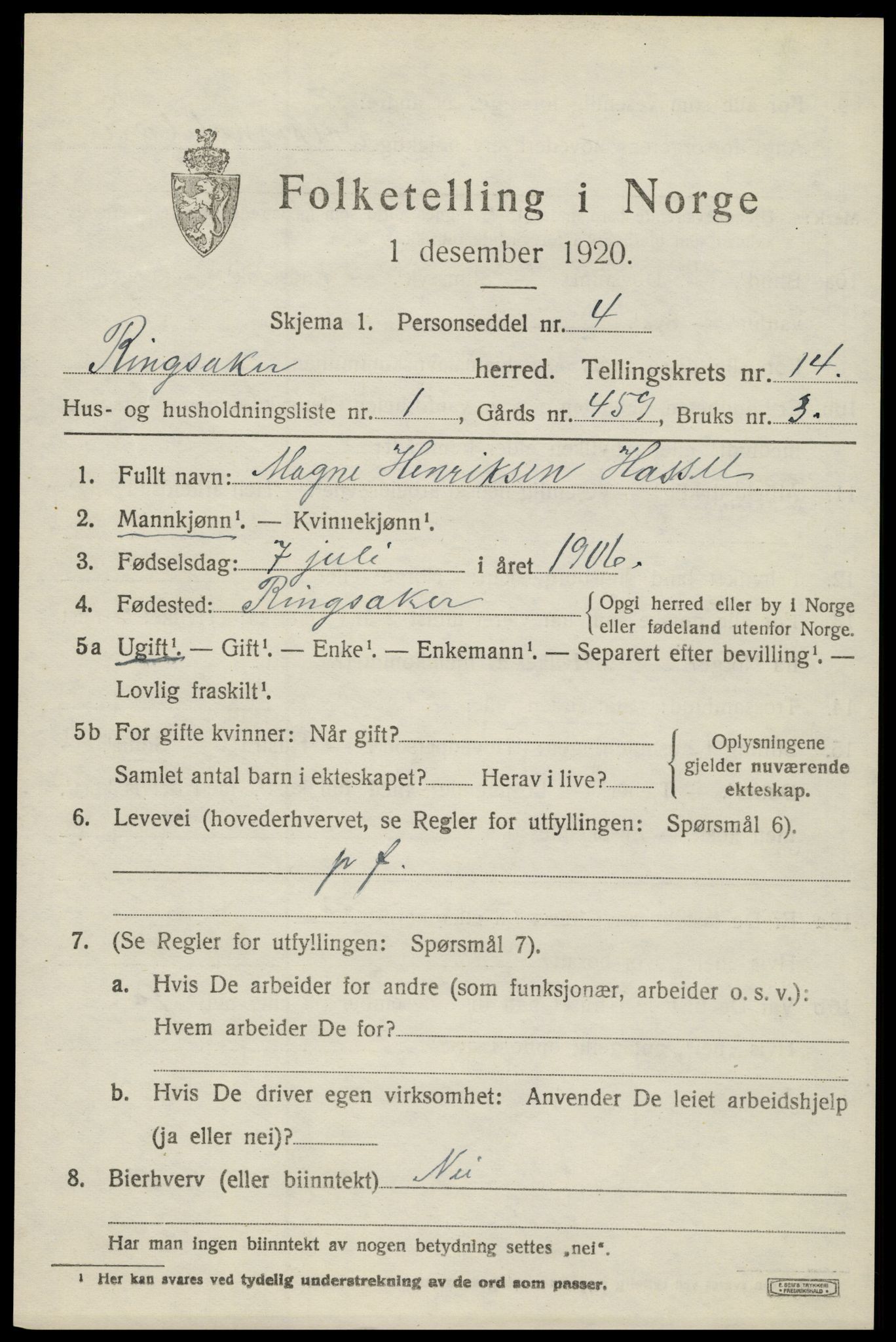 SAH, 1920 census for Ringsaker, 1920, p. 21566