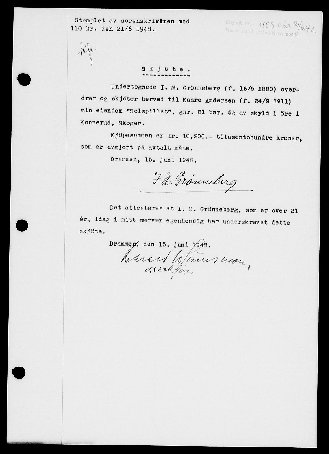 Holmestrand sorenskriveri, AV/SAKO-A-67/G/Ga/Gaa/L0064: Mortgage book no. A-64, 1948-1948, Diary no: : 1153/1948