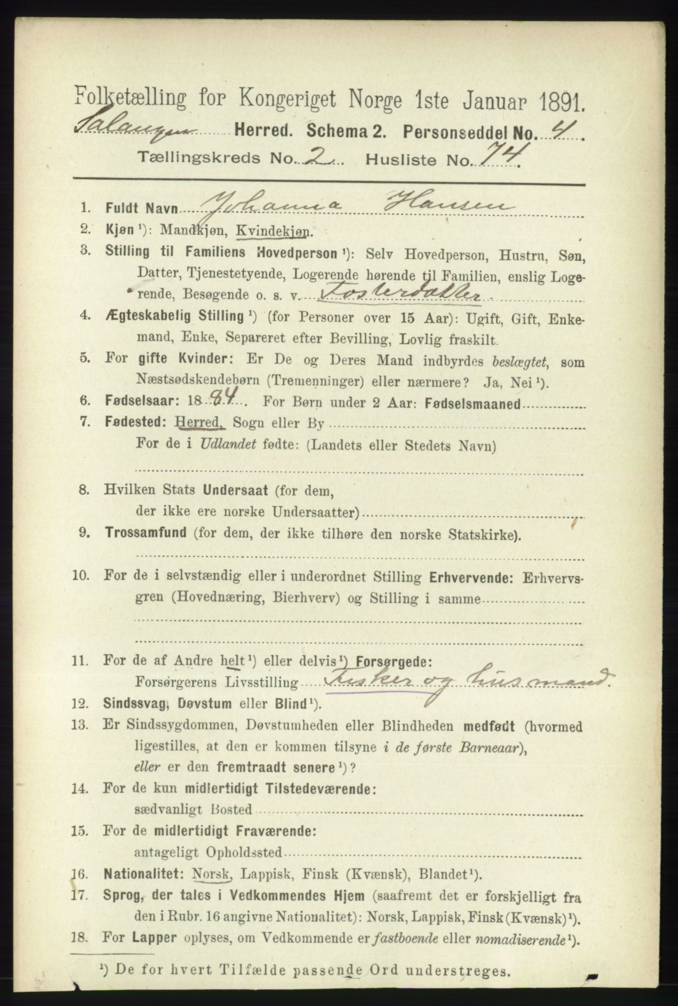 RA, 1891 census for 1921 Salangen, 1891, p. 1126