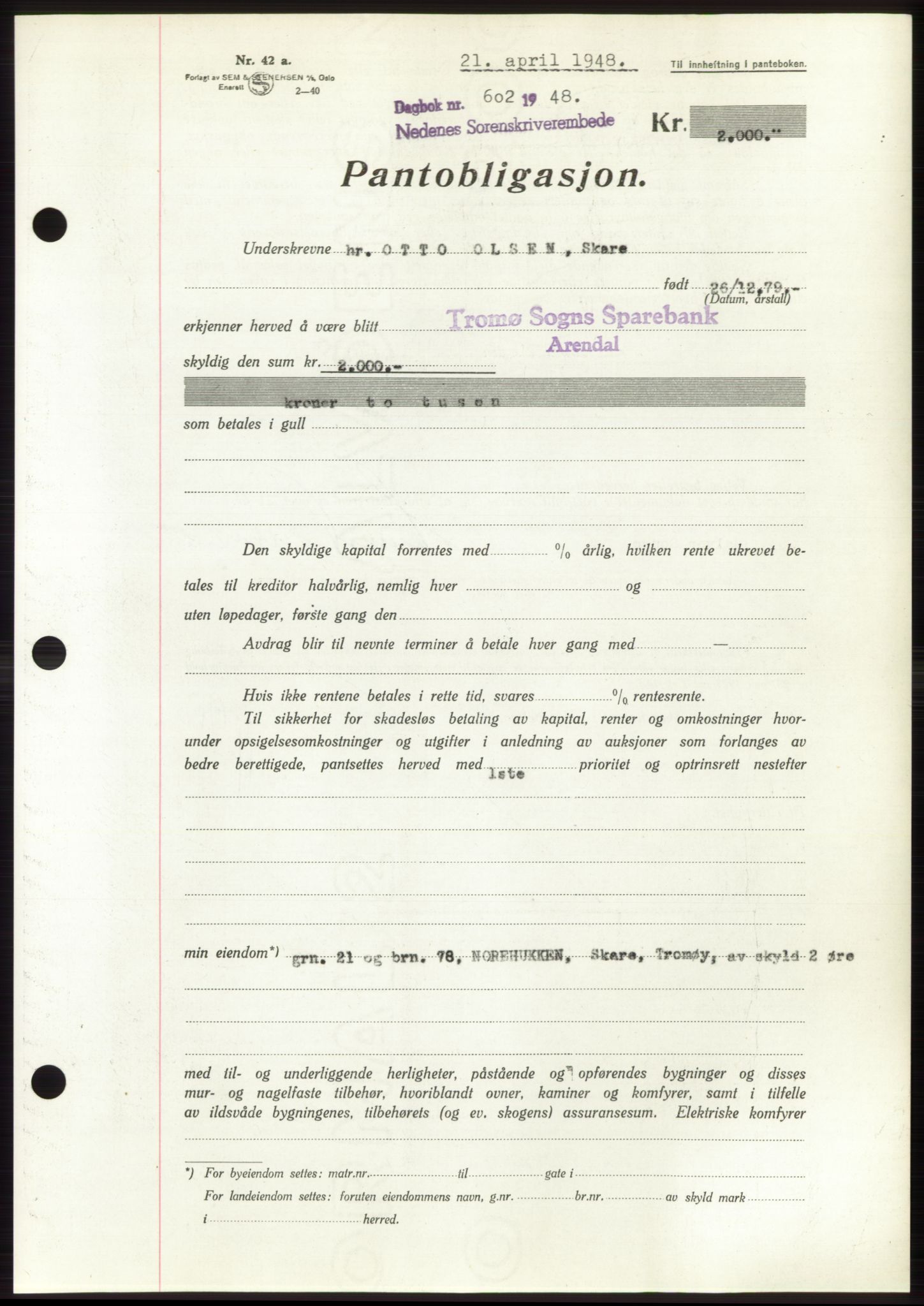 Nedenes sorenskriveri, AV/SAK-1221-0006/G/Gb/Gbb/L0005: Mortgage book no. B5, 1948-1948, Diary no: : 602/1948