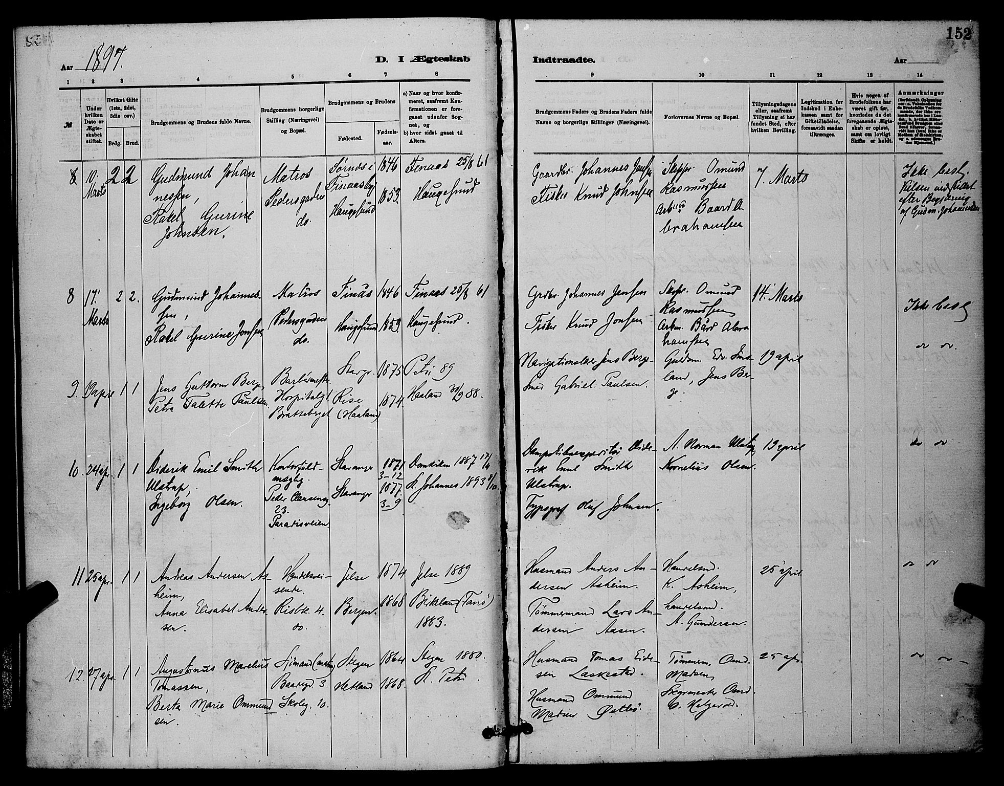 St. Johannes sokneprestkontor, SAST/A-101814/001/30/30BB/L0001: Parish register (copy) no. B 1, 1885-1897, p. 152