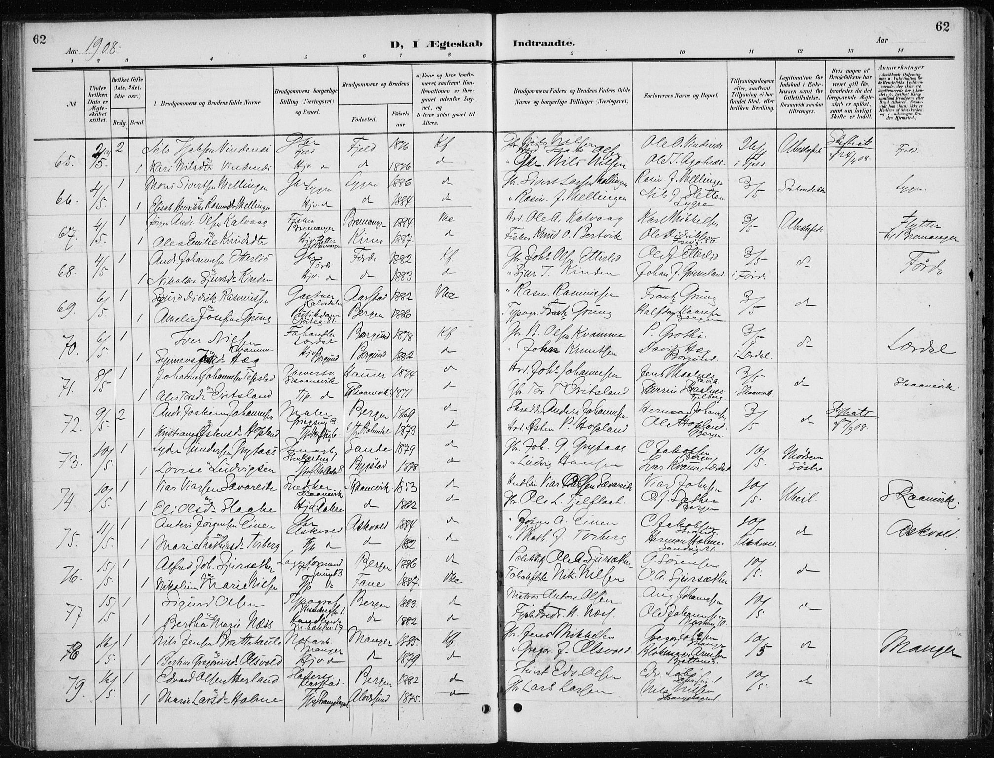 Nykirken Sokneprestembete, AV/SAB-A-77101/H/Haa/L0035: Parish register (official) no. D 5, 1905-1913, p. 62