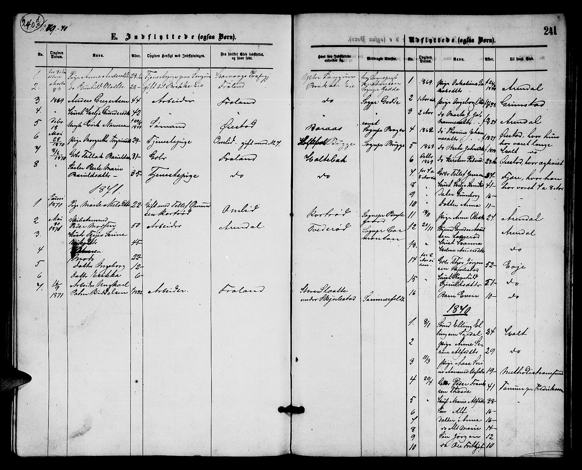 Austre Moland sokneprestkontor, SAK/1111-0001/F/Fb/Fba/L0002: Parish register (copy) no. B 2, 1869-1879, p. 241