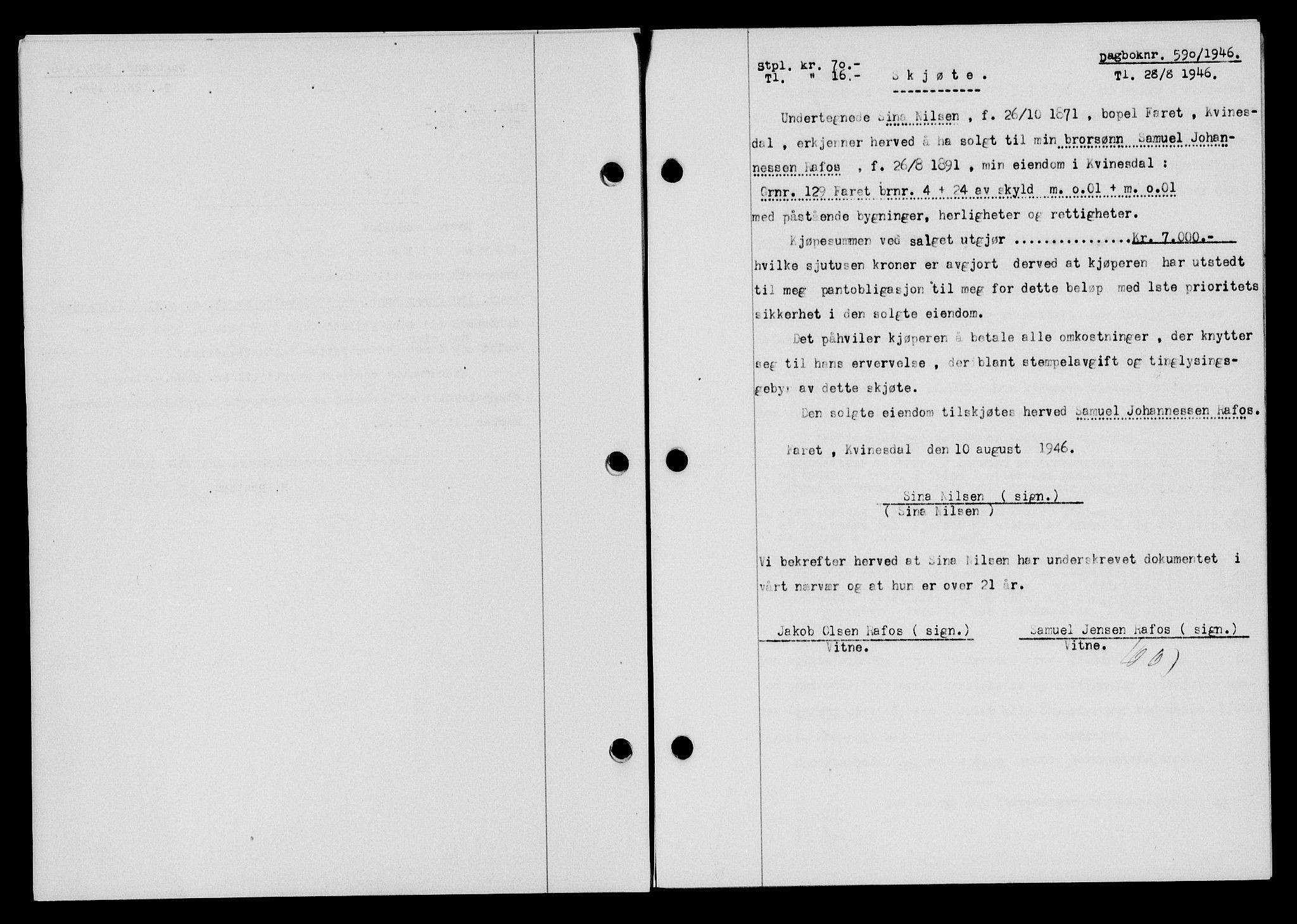 Flekkefjord sorenskriveri, AV/SAK-1221-0001/G/Gb/Gba/L0060: Mortgage book no. A-8, 1945-1946, Diary no: : 590/1946