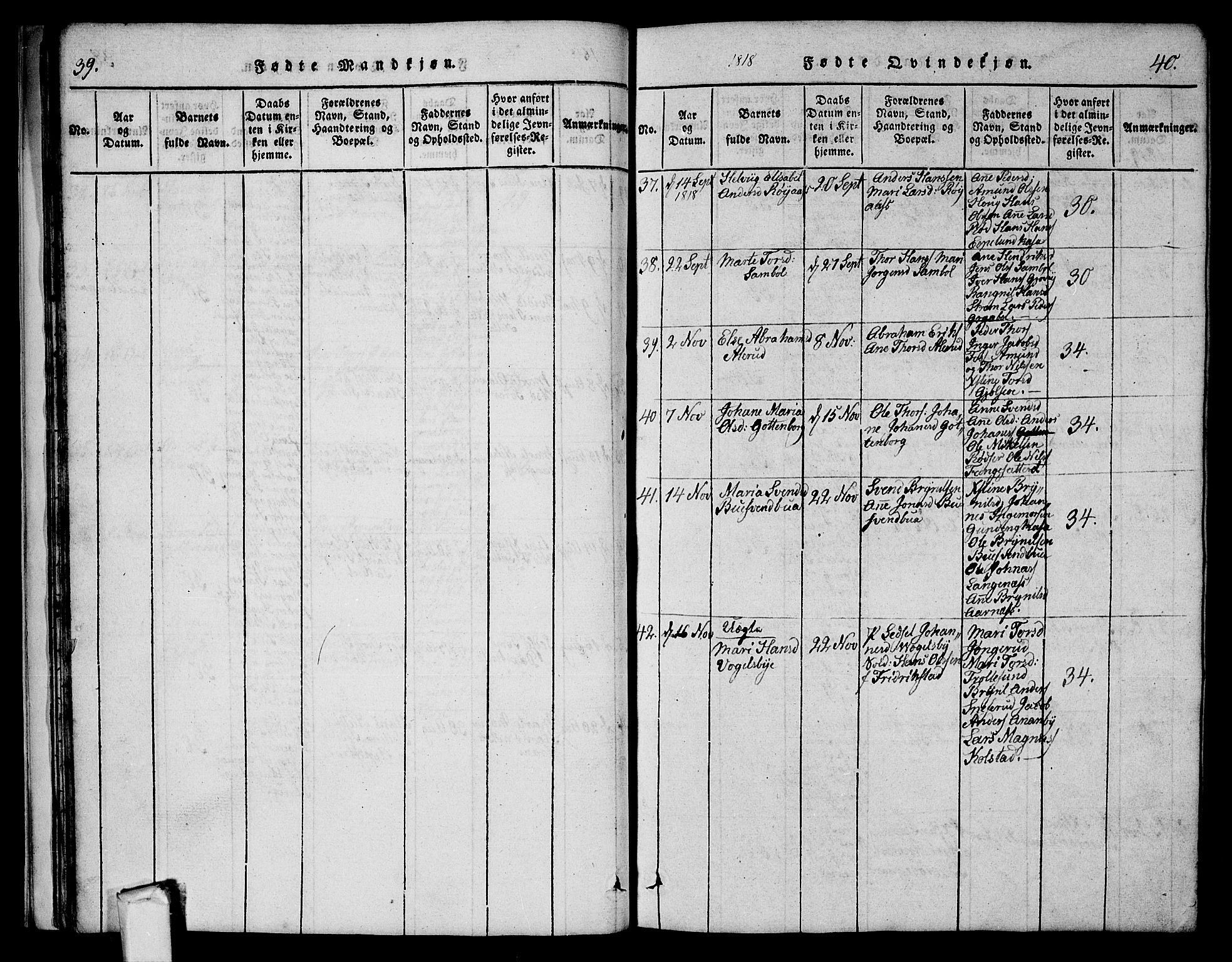 Aremark prestekontor Kirkebøker, AV/SAO-A-10899/G/Ga/L0001: Parish register (copy) no.  I 1, 1814-1834, p. 39-40