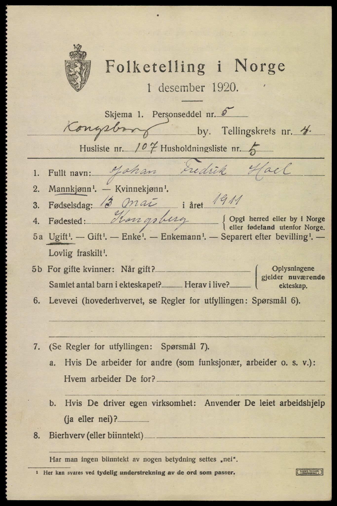 SAKO, 1920 census for Kongsberg, 1920, p. 12442