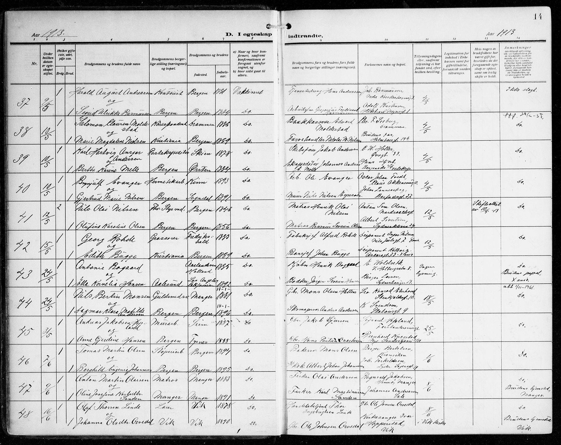 Johanneskirken sokneprestembete, AV/SAB-A-76001/H/Haa/L0013: Parish register (official) no. D 2, 1912-1929, p. 14