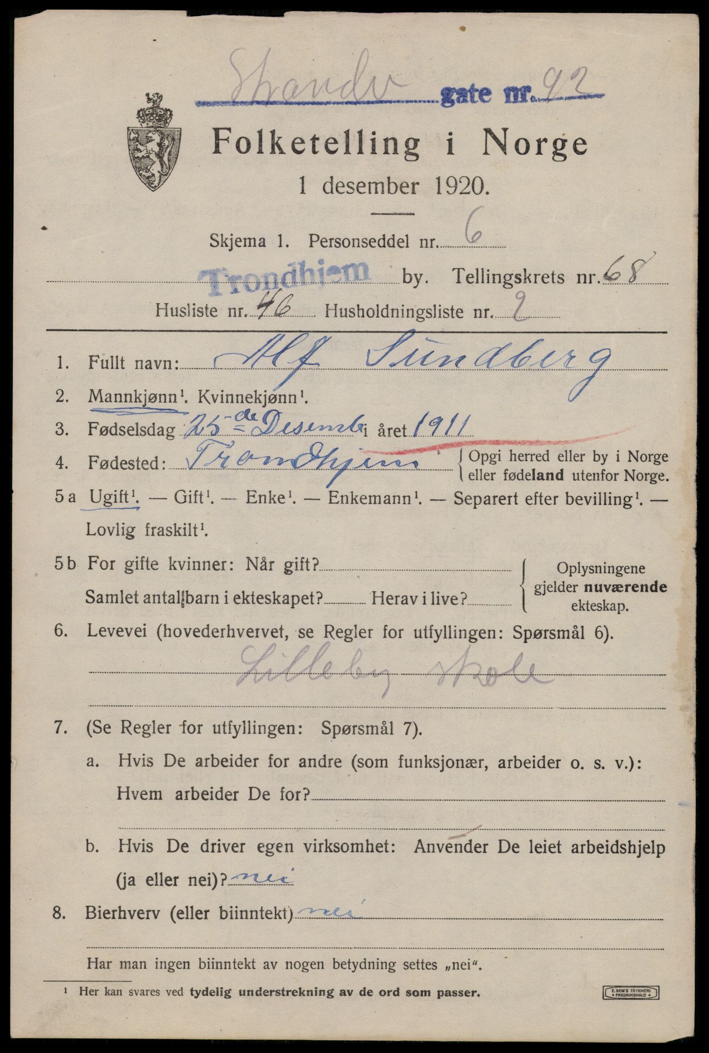 SAT, 1920 census for Trondheim, 1920, p. 135894