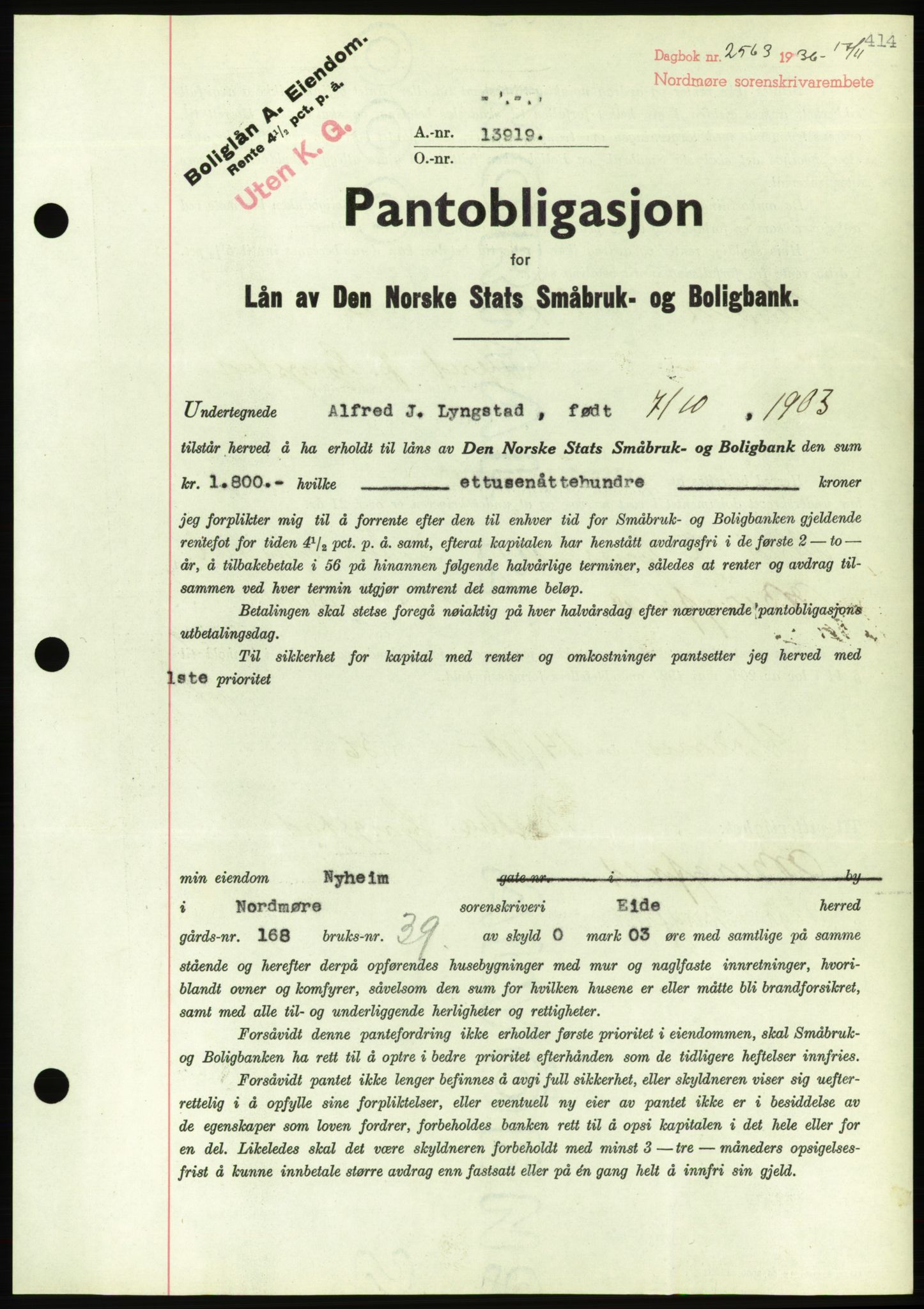 Nordmøre sorenskriveri, AV/SAT-A-4132/1/2/2Ca/L0090: Mortgage book no. B80, 1936-1937, Diary no: : 2563/1936